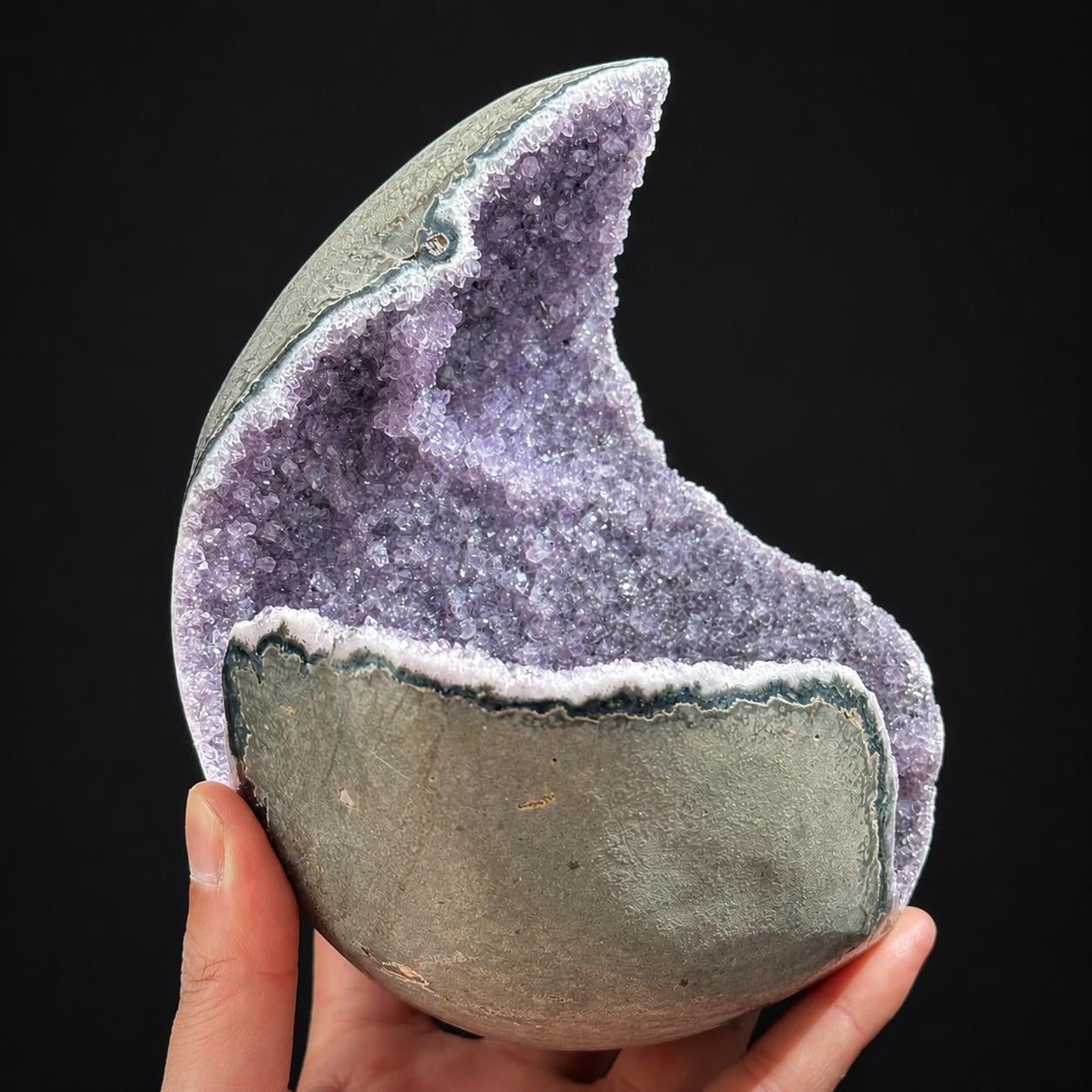 Unique Deep Cave Brazilian Amethyst Geode on Wood Stand, Rare Crescent Moon Crystal Nest, Purple Quartz Altar Decor Exact Specimen 3.4lb