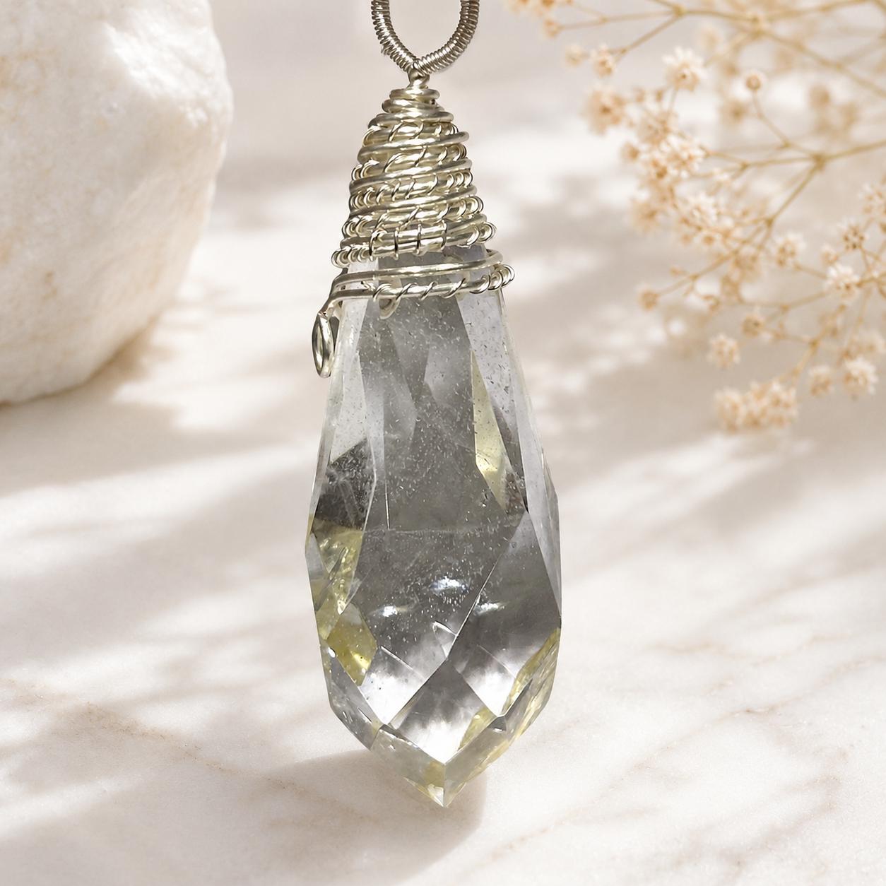 Faceted Crystal Pendant Necklace, Natural Quartz Amethyst Citrine Rose Quartz Rutilated Crystal with S925 Silver Chain