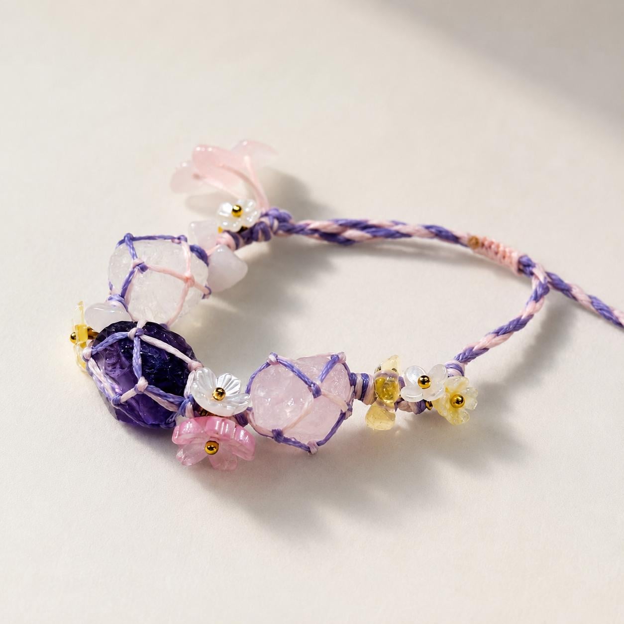 Raw Crystal Braided Bracelet, Handmade Adjustable Fluorite Citrine Rose Quartz Bracelet, Fairycore Crystal Jewelry Gift