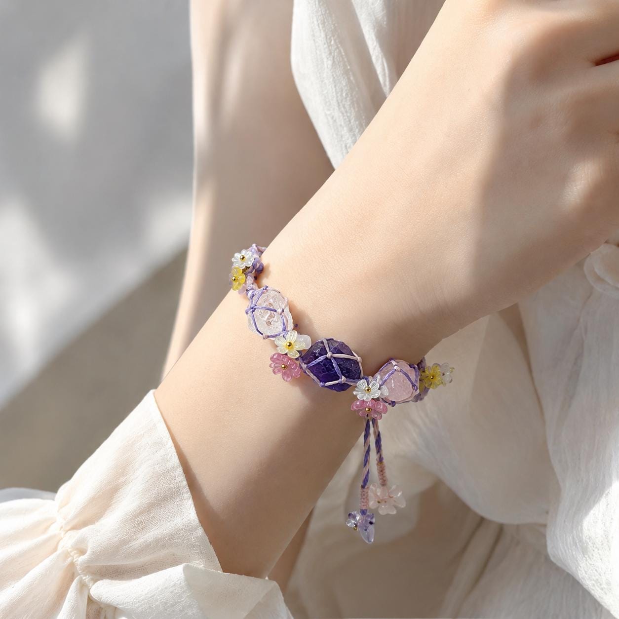 Raw Crystal Braided Bracelet, Handmade Adjustable Fluorite Citrine Rose Quartz Bracelet, Fairycore Crystal Jewelry Gift
