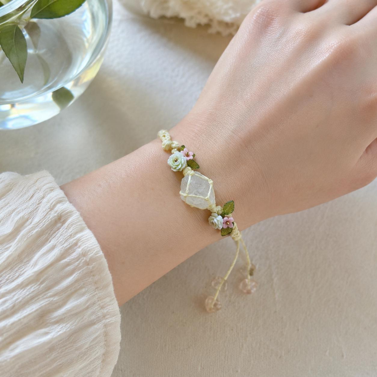 Raw Crystal Braided Bracelet, Handmade Adjustable Rose Quartz Fluorite Amethyst Citrine Bracelet, Fairycore Jewelry Gift