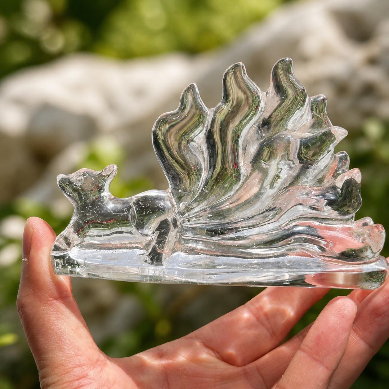 Hand Carved Crystal Nine-Tailed Fox, Clear Smoky Golden Healer Quartz Kitsune Statue, Fantasy Crystal Decor Pick Exact A-D