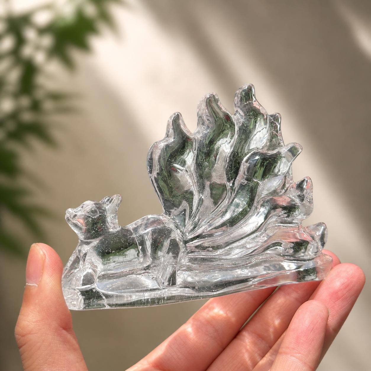 Hand Carved Crystal Nine-Tailed Fox, Clear Smoky Golden Healer Quartz Kitsune Statue, Fantasy Crystal Decor Pick Exact A-D