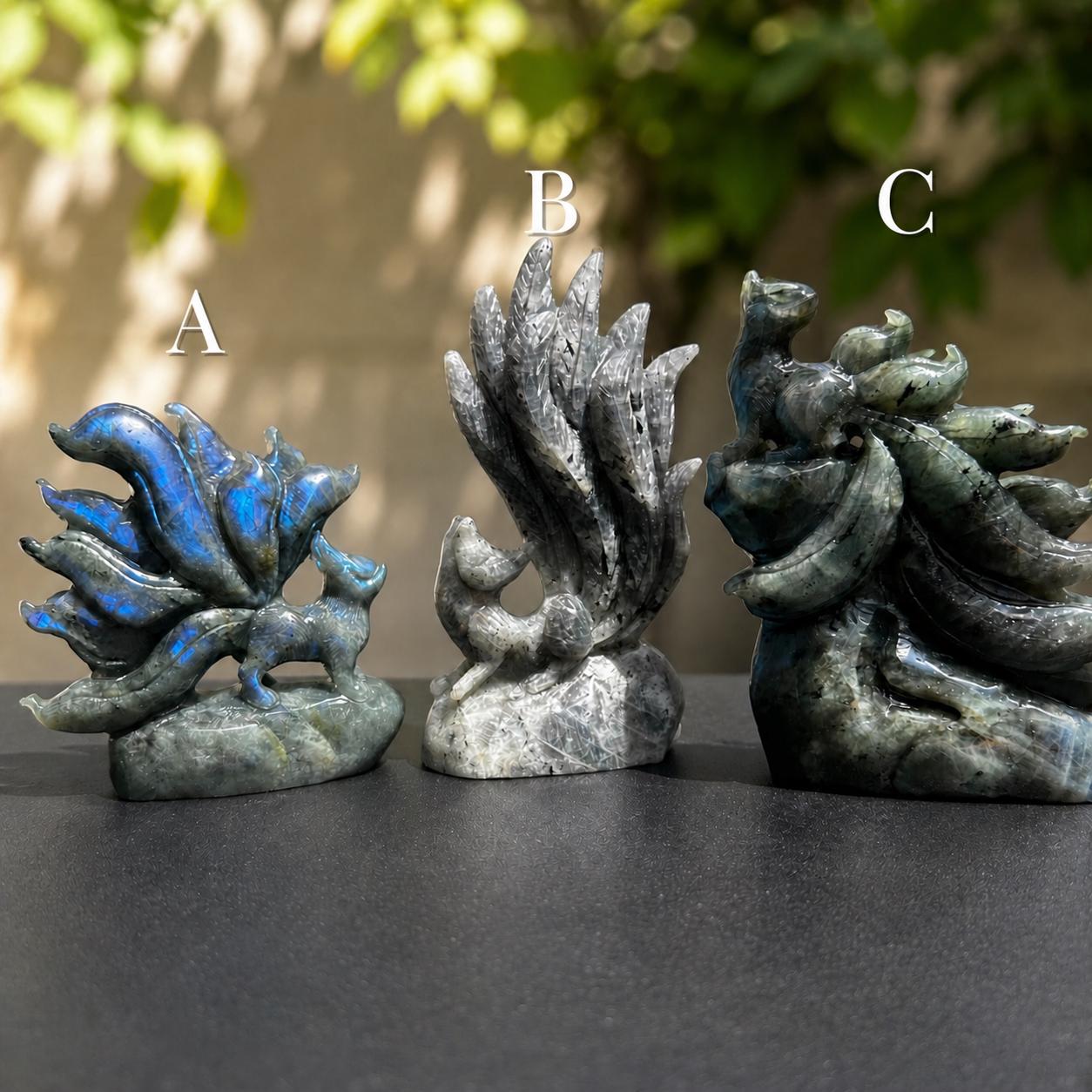 Hand Carved Labradorite Nine-Tailed Fox, Blue Purple Gold Flash Kitsune Crystal Carving, Fantasy Fox Decor Pick Exact A-C