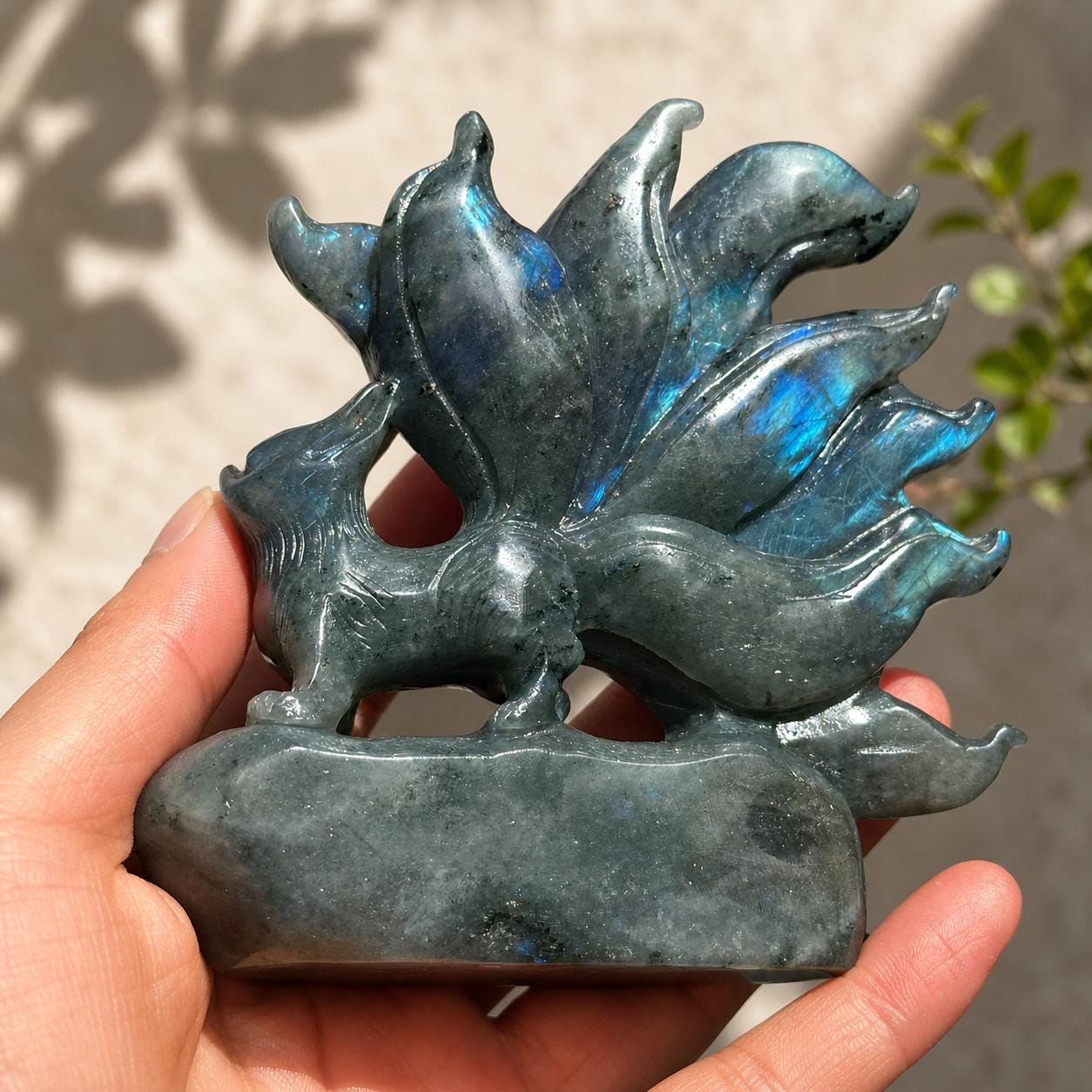 Hand Carved Labradorite Nine-Tailed Fox, Blue Purple Gold Flash Kitsune Crystal Carving, Fantasy Fox Decor Pick Exact A-C