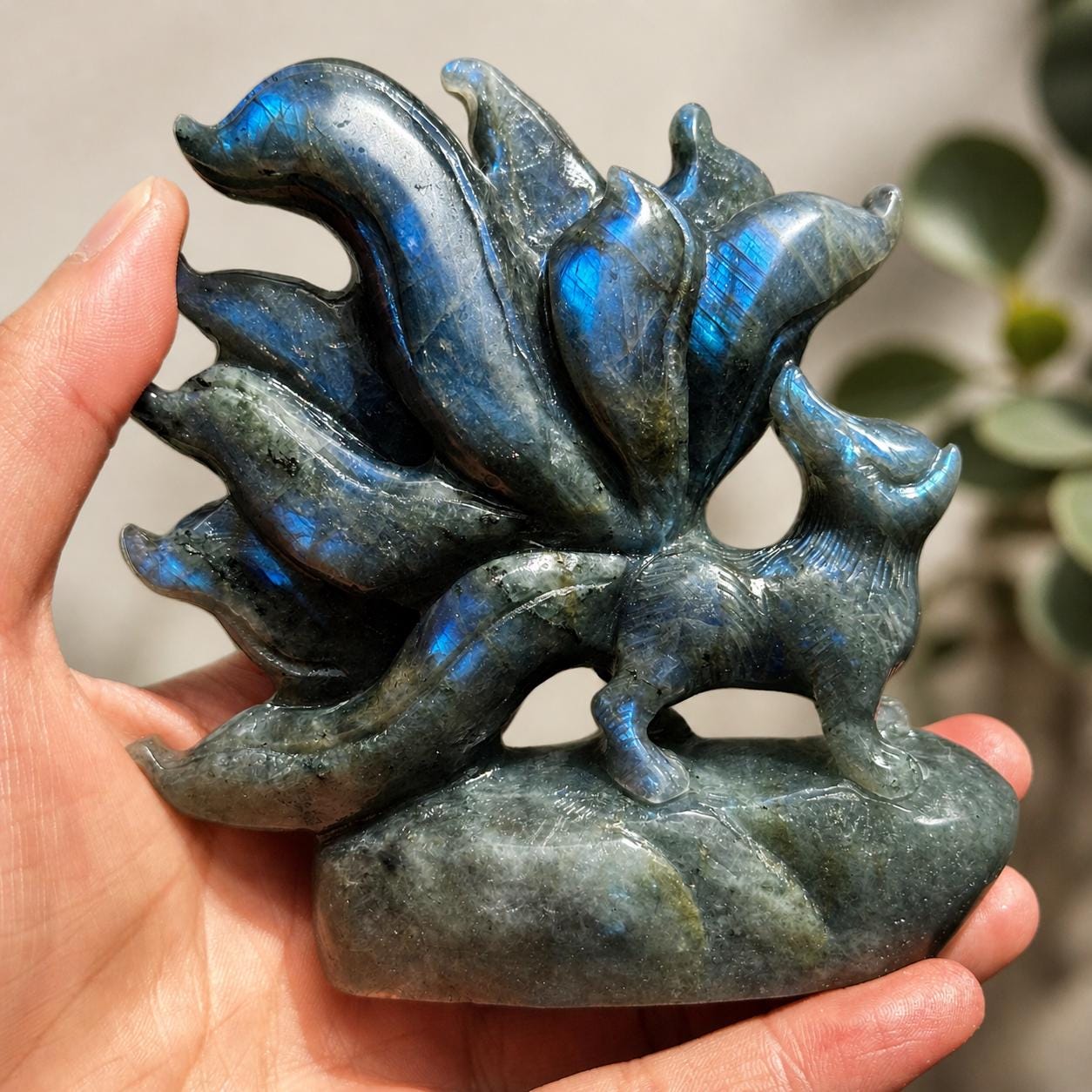 Hand Carved Labradorite Nine-Tailed Fox, Blue Purple Gold Flash Kitsune Crystal Carving, Fantasy Fox Decor Pick Exact A-C