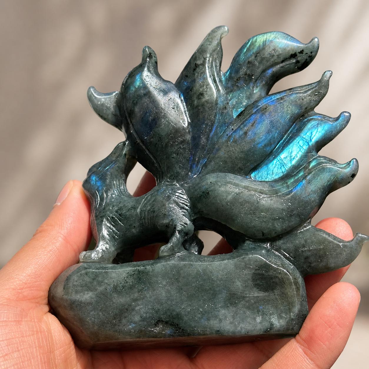 Hand Carved Labradorite Nine-Tailed Fox, Blue Purple Gold Flash Kitsune Crystal Carving, Fantasy Fox Decor Pick Exact A-C