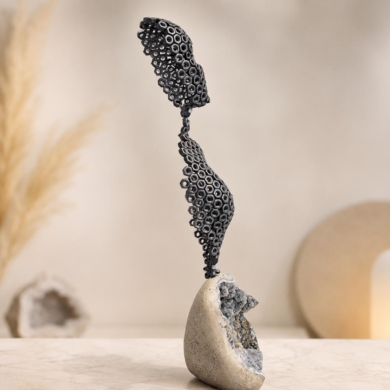 Industrial Nut Sculpture with Uruguayan Sugar Amethyst, Modern Human Figure Art, Large Geode Statement Piece, One of a Kind - view 7