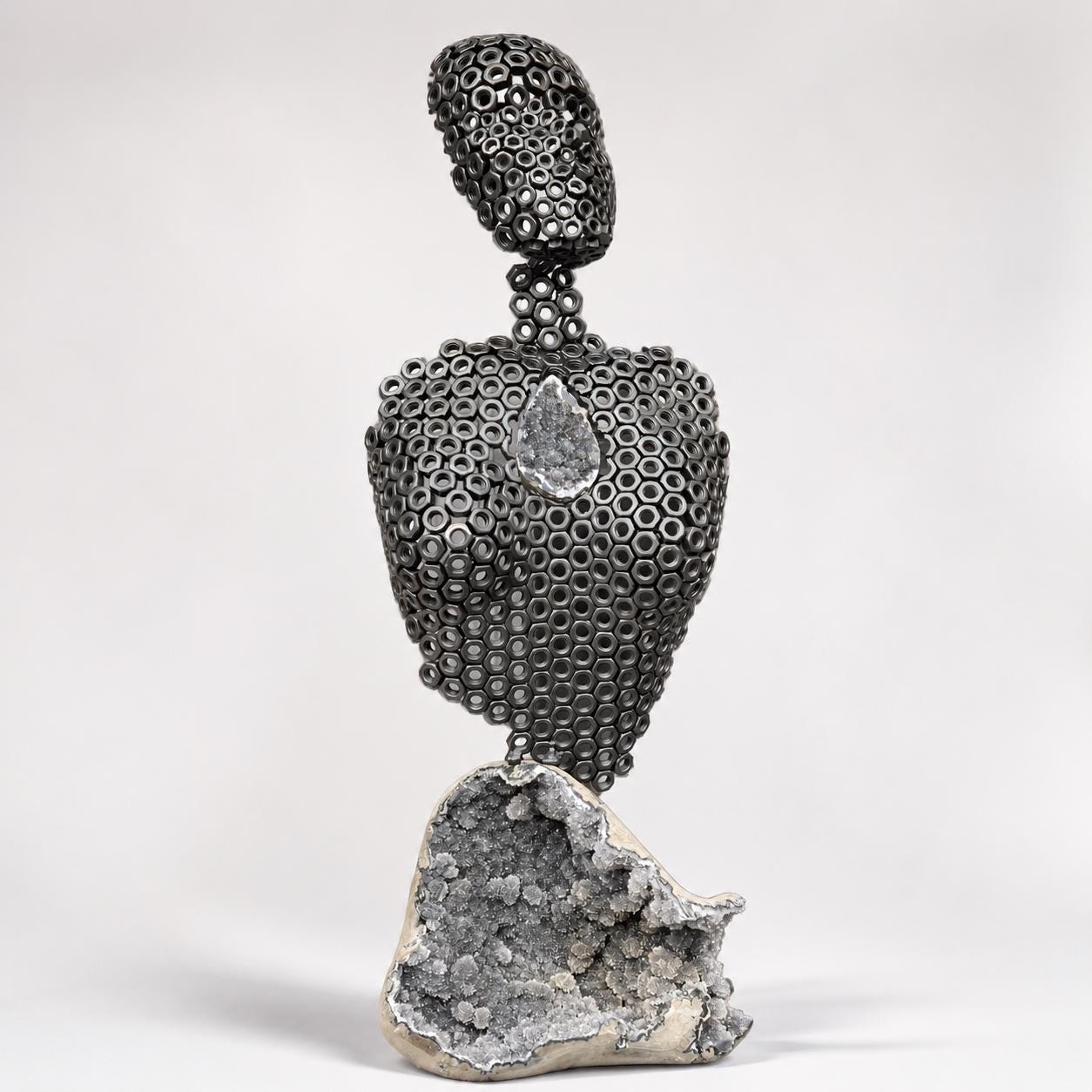 Industrial Nut Sculpture with Uruguayan Sugar Amethyst, Modern Human Figure Art, Large Geode Statement Piece, One of a Kind - view 1