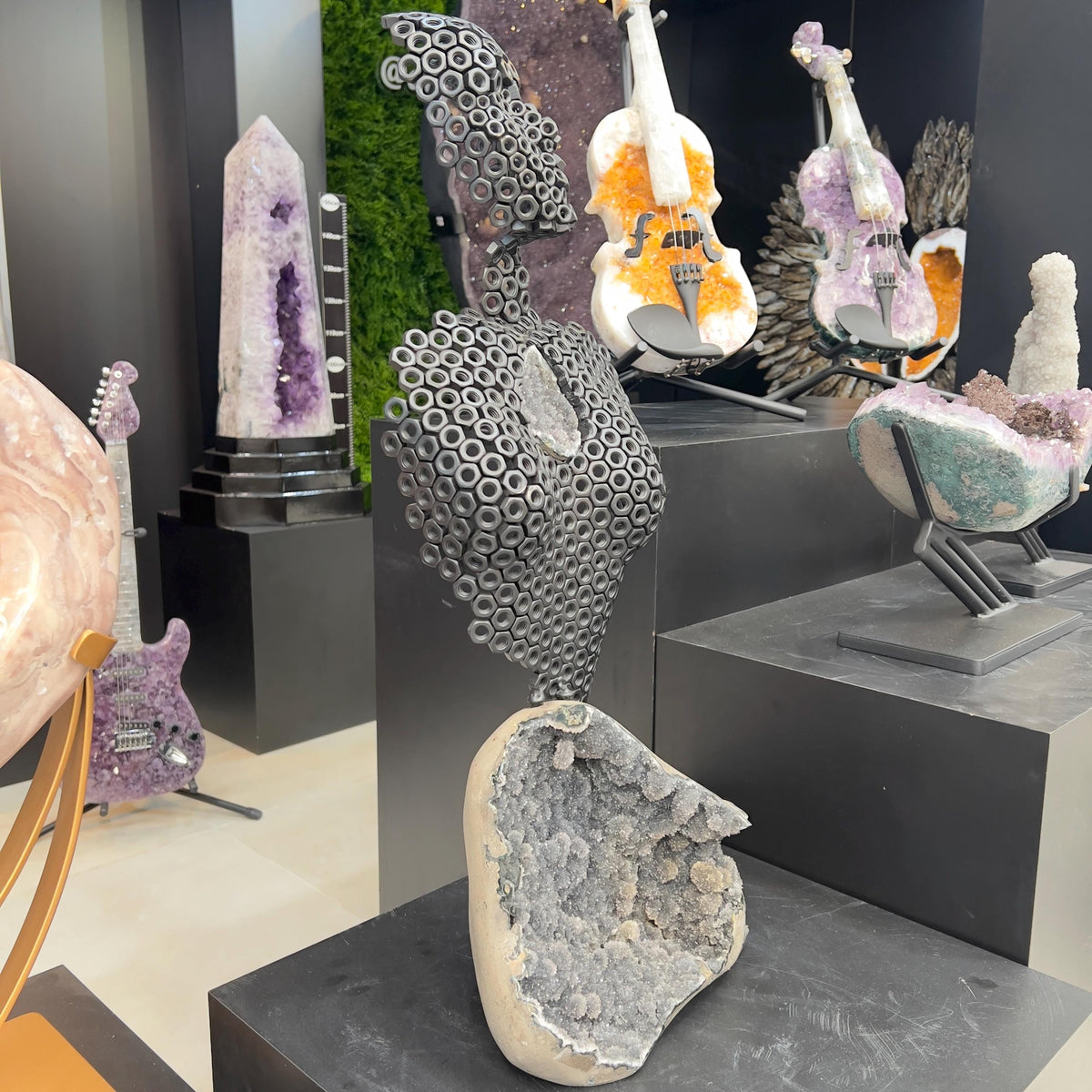Industrial Nut Sculpture with Uruguayan Sugar Amethyst, Modern Human Figure Art, Large Geode Statement Piece, One of a Kind - view 9