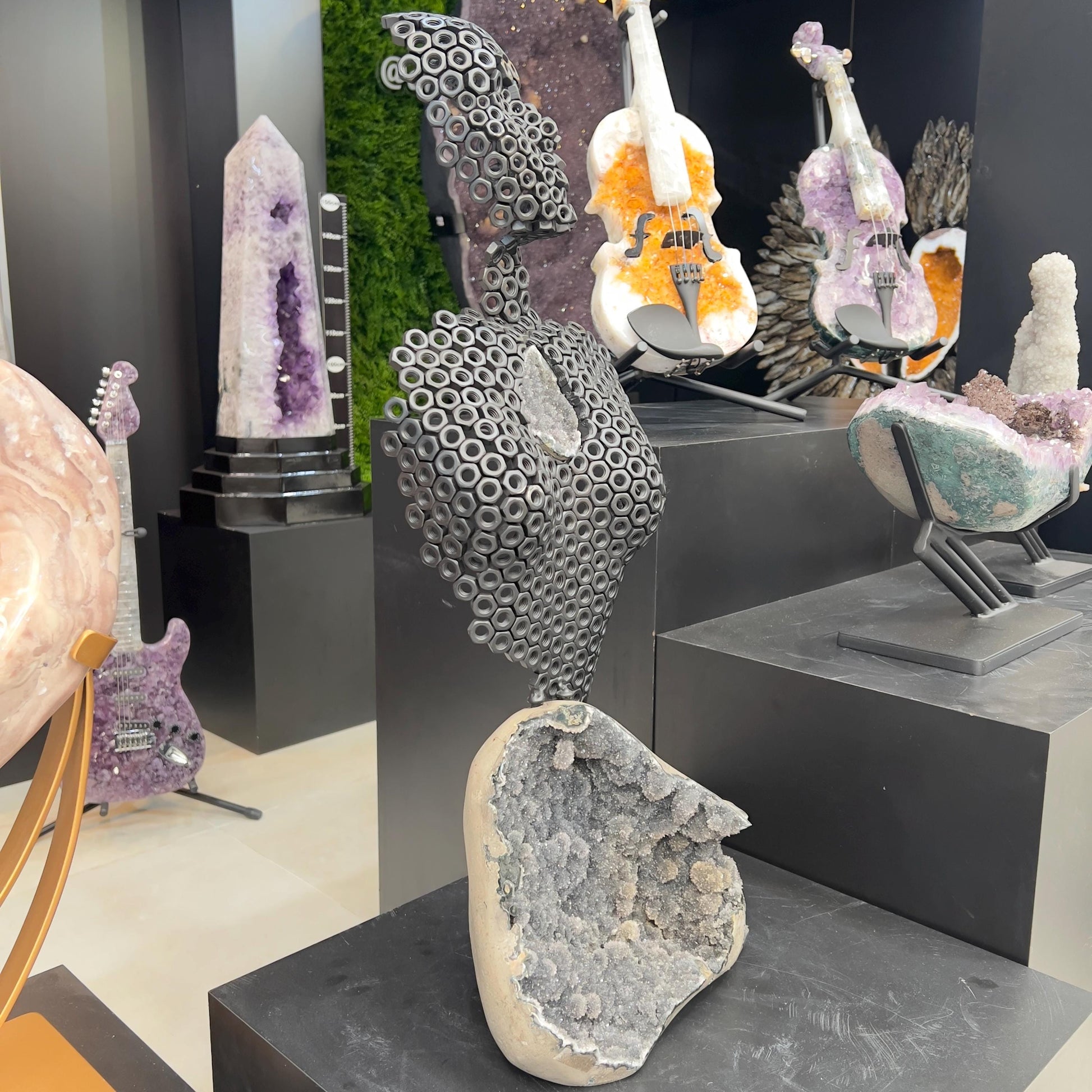 Industrial Nut Sculpture with Uruguayan Sugar Amethyst, Modern Human Figure Art, Large Geode Statement Piece, One of a Kind - view 9