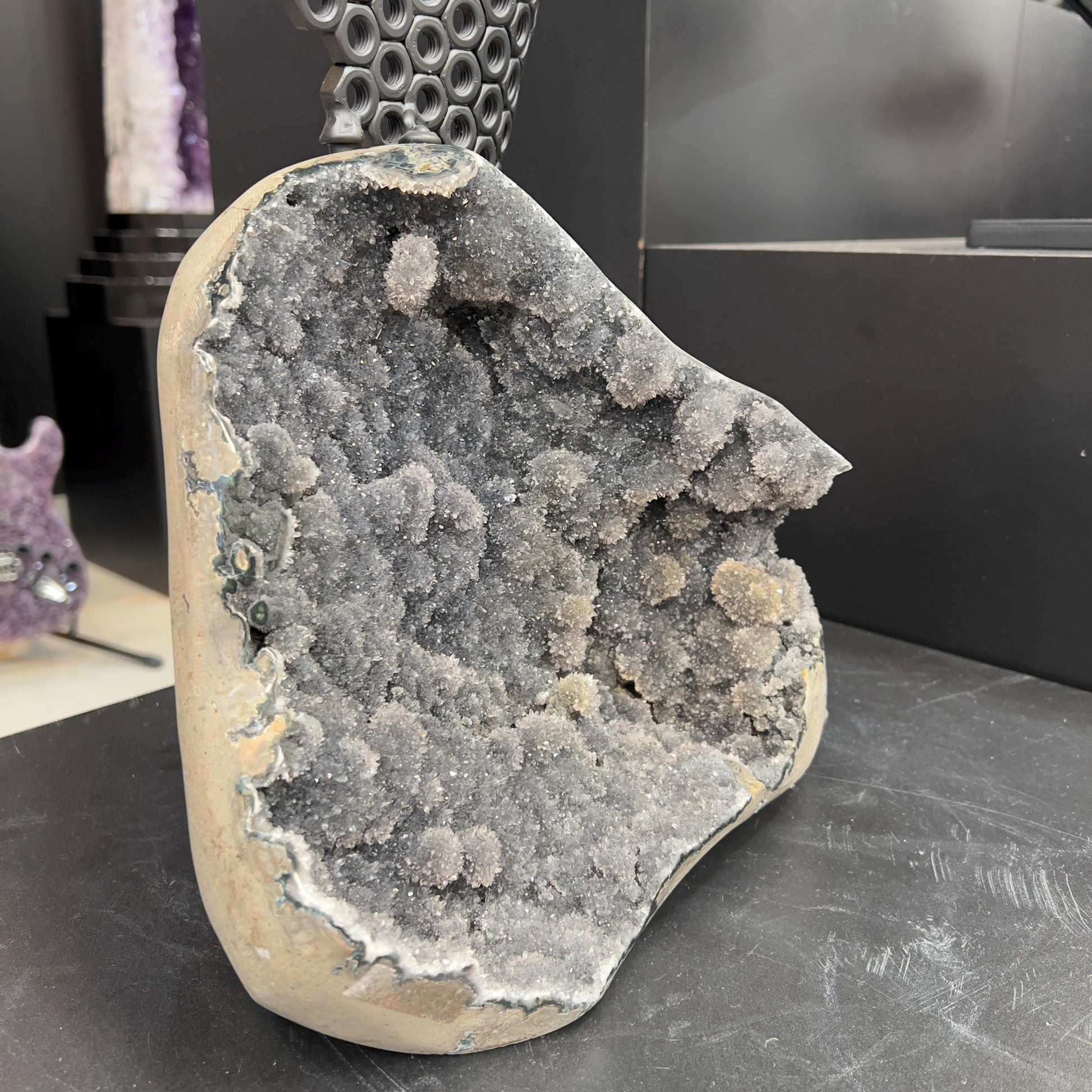 Industrial Nut Sculpture with Uruguayan Sugar Amethyst, Modern Human Figure Art, Large Geode Statement Piece, One of a Kind - view 10