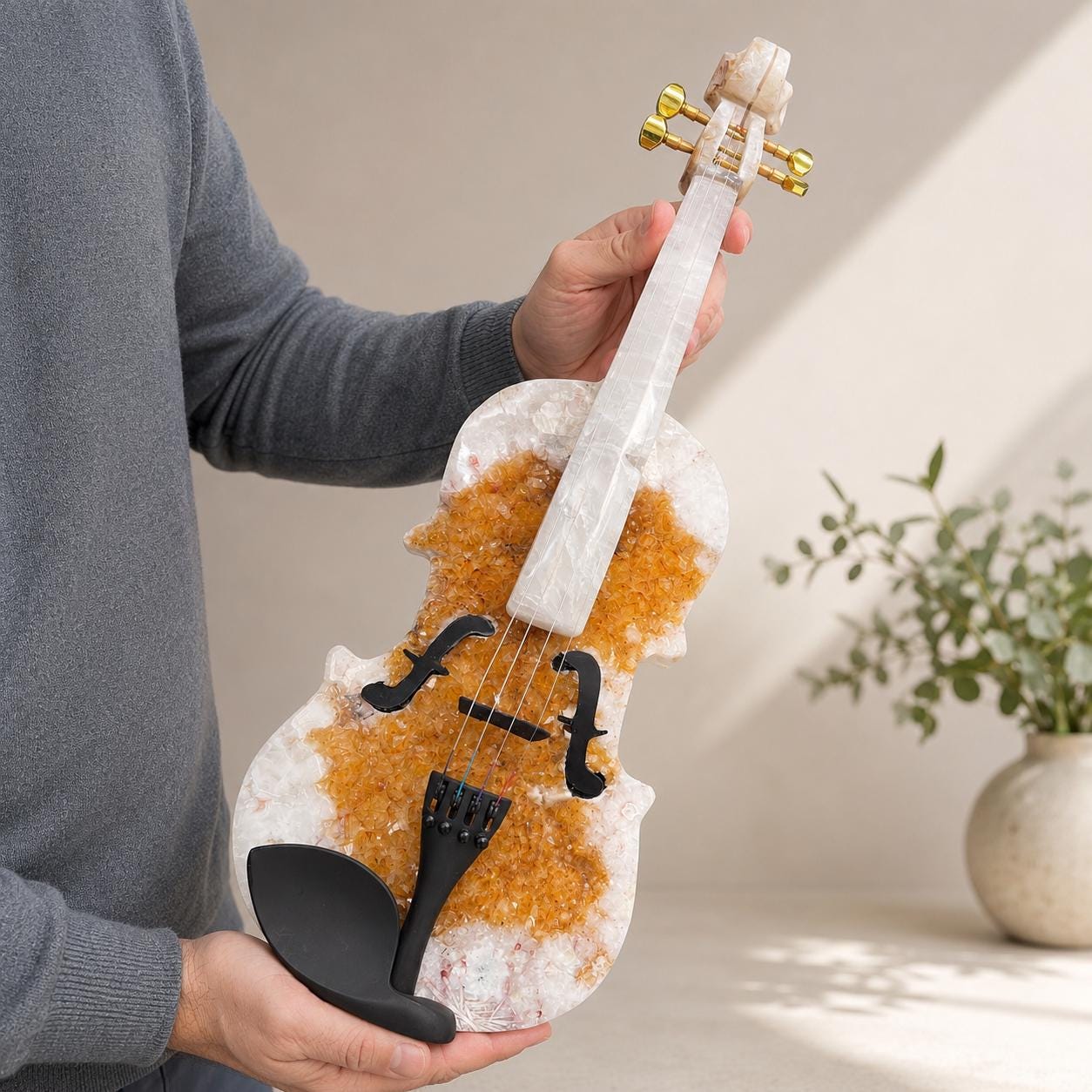 Citrine Agate Crystal Violin Sculpture, Brazilian Designer Handmade Music Art Collectible, One of a Kind Statement Decor - view 10