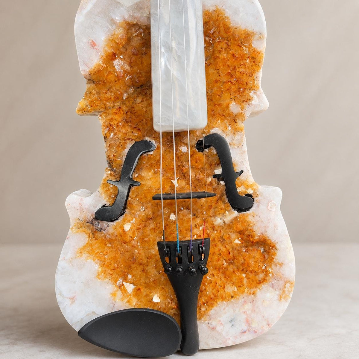 Citrine Agate Crystal Violin Sculpture, Brazilian Designer Handmade Music Art Collectible, One of a Kind Statement Decor - view 8