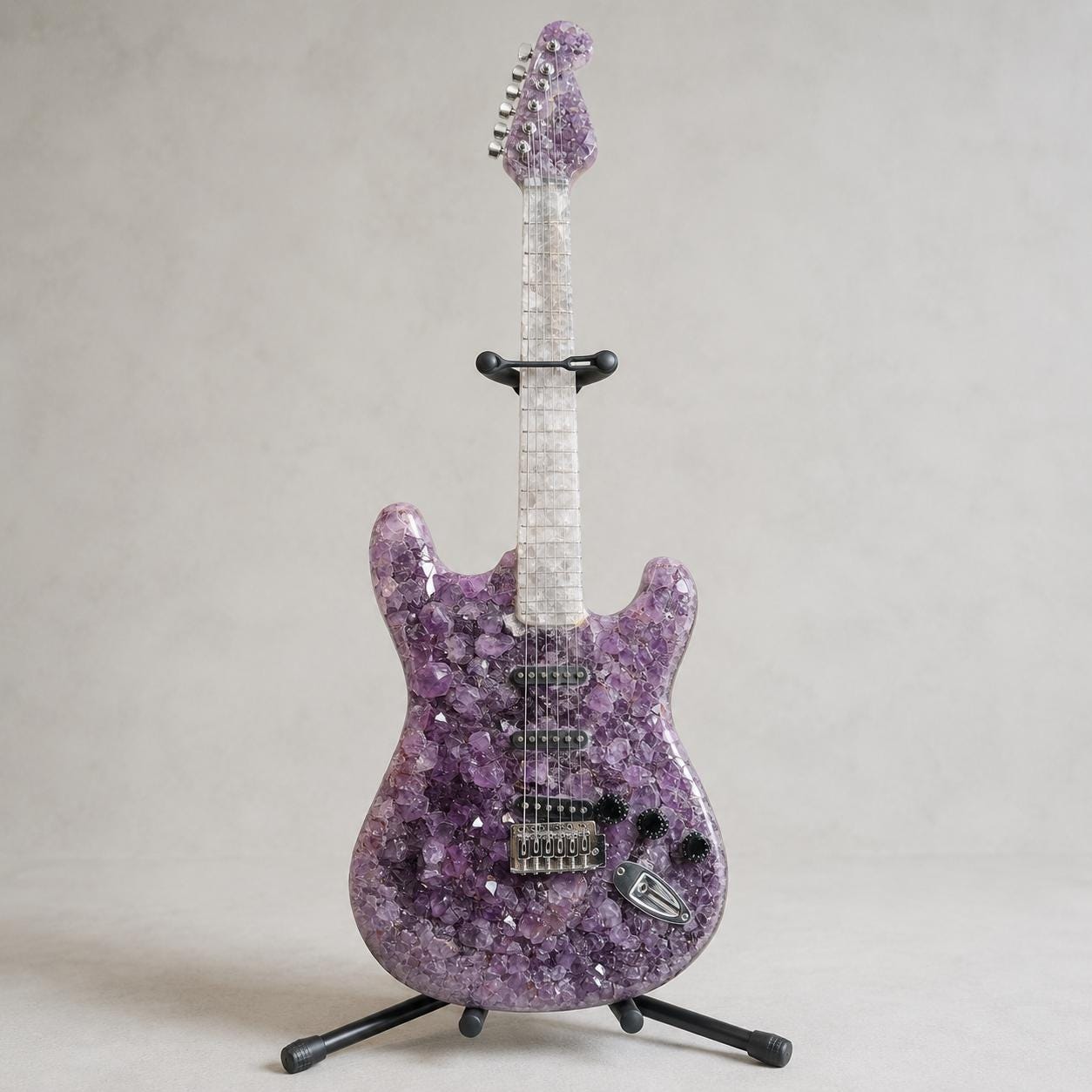 Amethyst Agate Crystal Guitar Sculpture, Brazilian Designer Handmade Music Art Collectible, One of a Kind Statement Decor