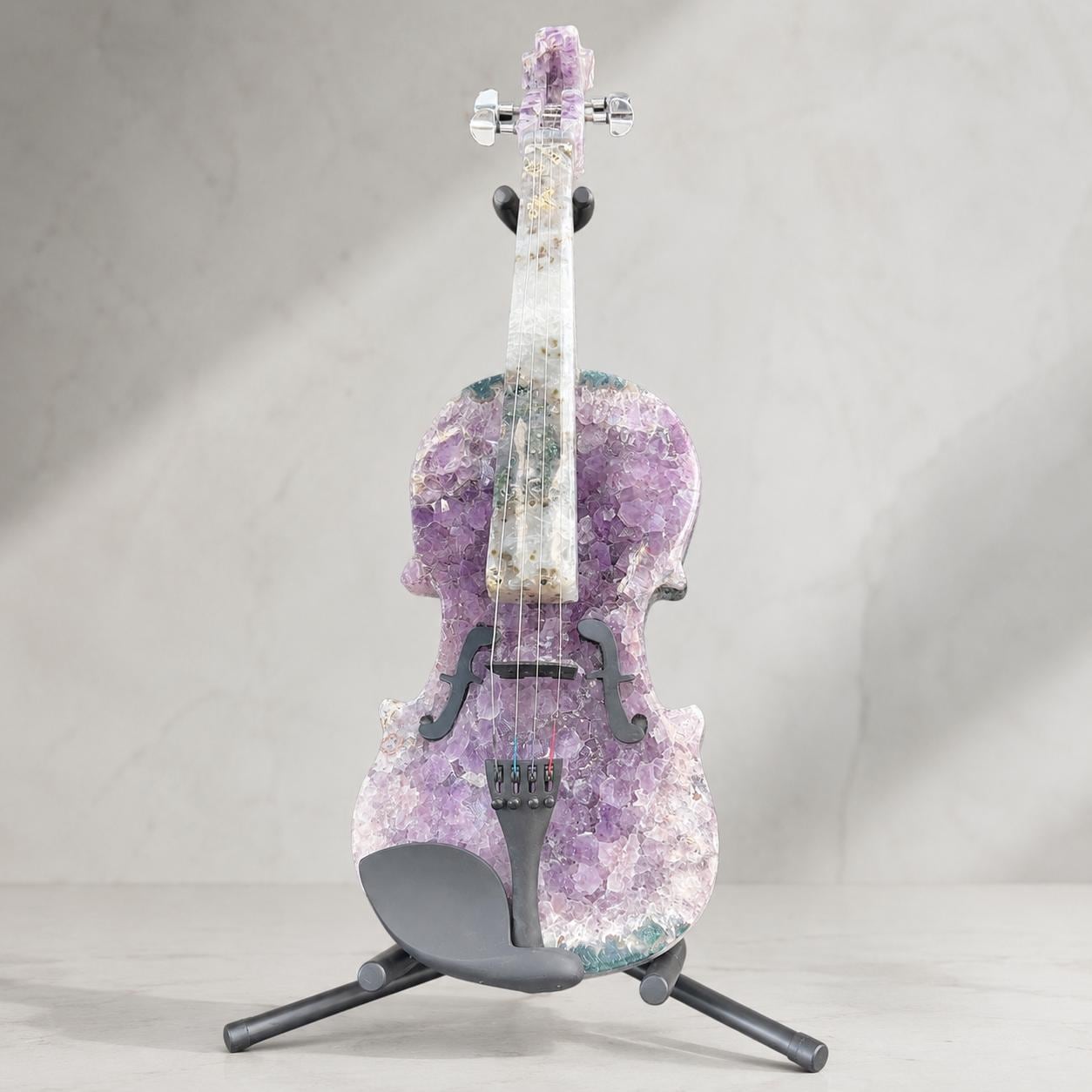 Amethyst Agate Crystal Violin Sculpture, Brazilian Designer Handmade Music Art Collectible, One of a Kind Statement Decor
