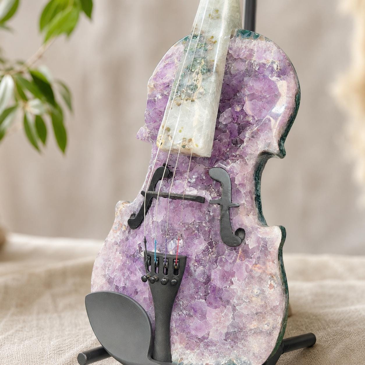 Amethyst Agate Crystal Violin Sculpture, Brazilian Designer Handmade Music Art Collectible, One of a Kind Statement Decor