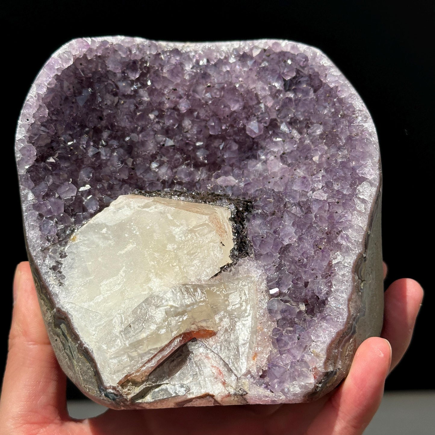 Brazilian Amethyst with Large Calcite Crystal, Purple Druzy Geode Specimen, Natural Crystal Display Special Price