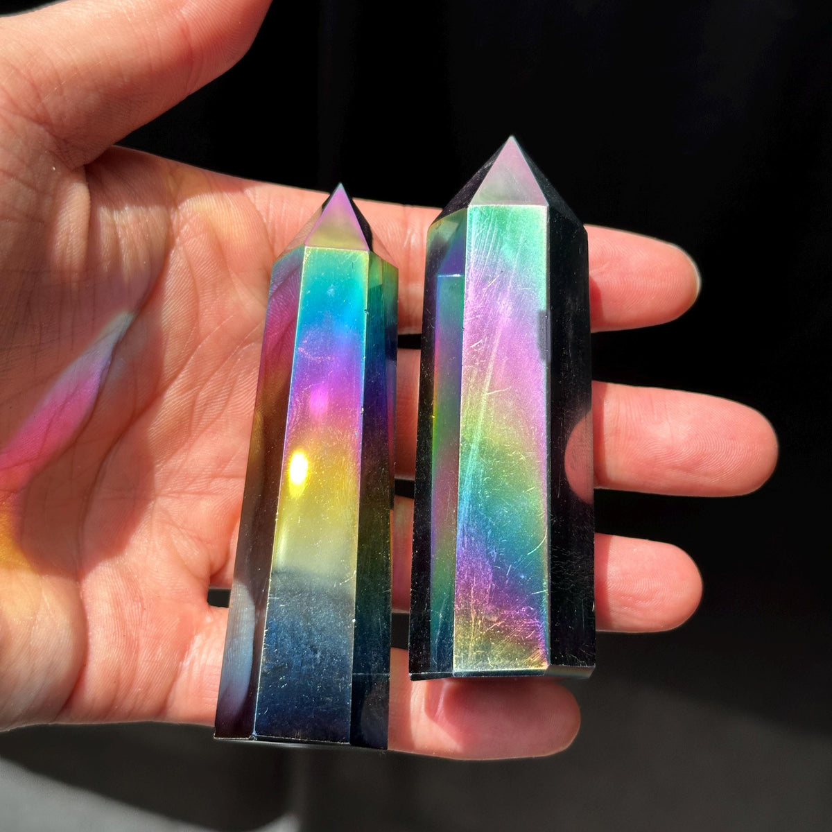 Rainbow Aura Obsidian Tower, Electroplated Black Obsidian Crystal Point, Colorful Aura Crystal Decor Gift - view 7