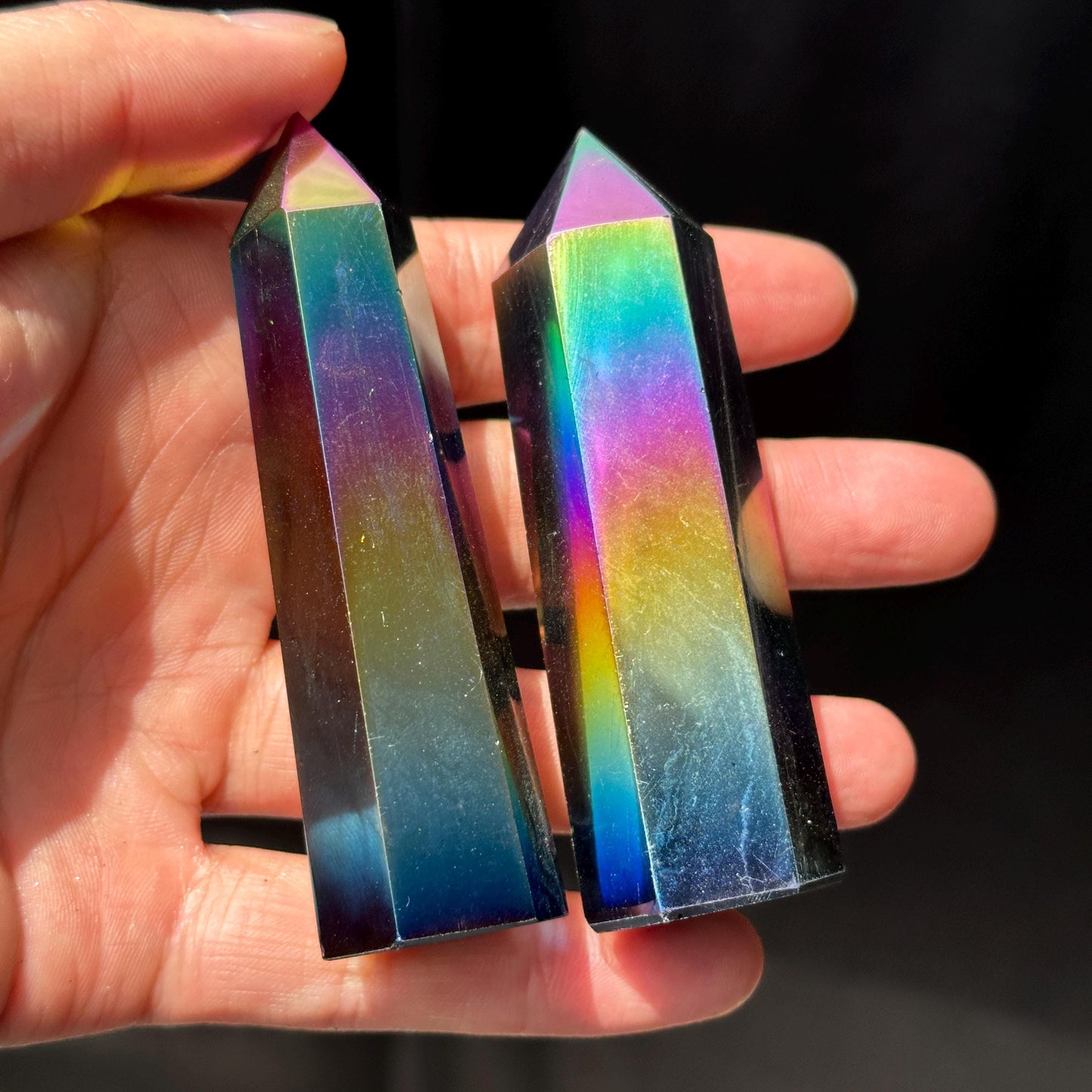 Rainbow Aura Obsidian Tower, Electroplated Black Obsidian Crystal Point, Colorful Aura Crystal Decor Gift - view 5