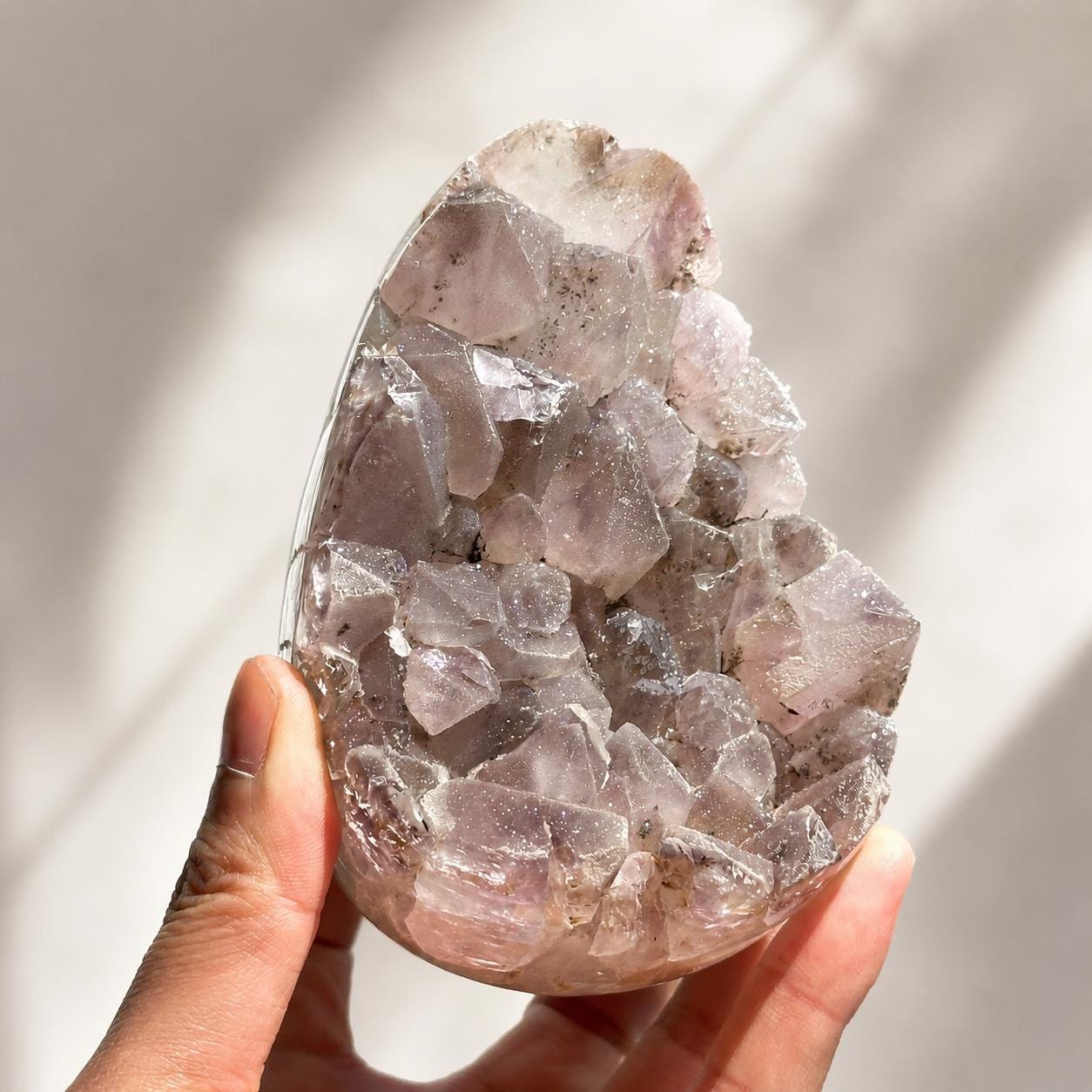 Natural Pink Sugar Druzy Uruguayan Amethyst Dragon Egg, Polished Crystal Geode Cave with Free Stand, Altar Decor Exact Specimen 2.1lb - view 1