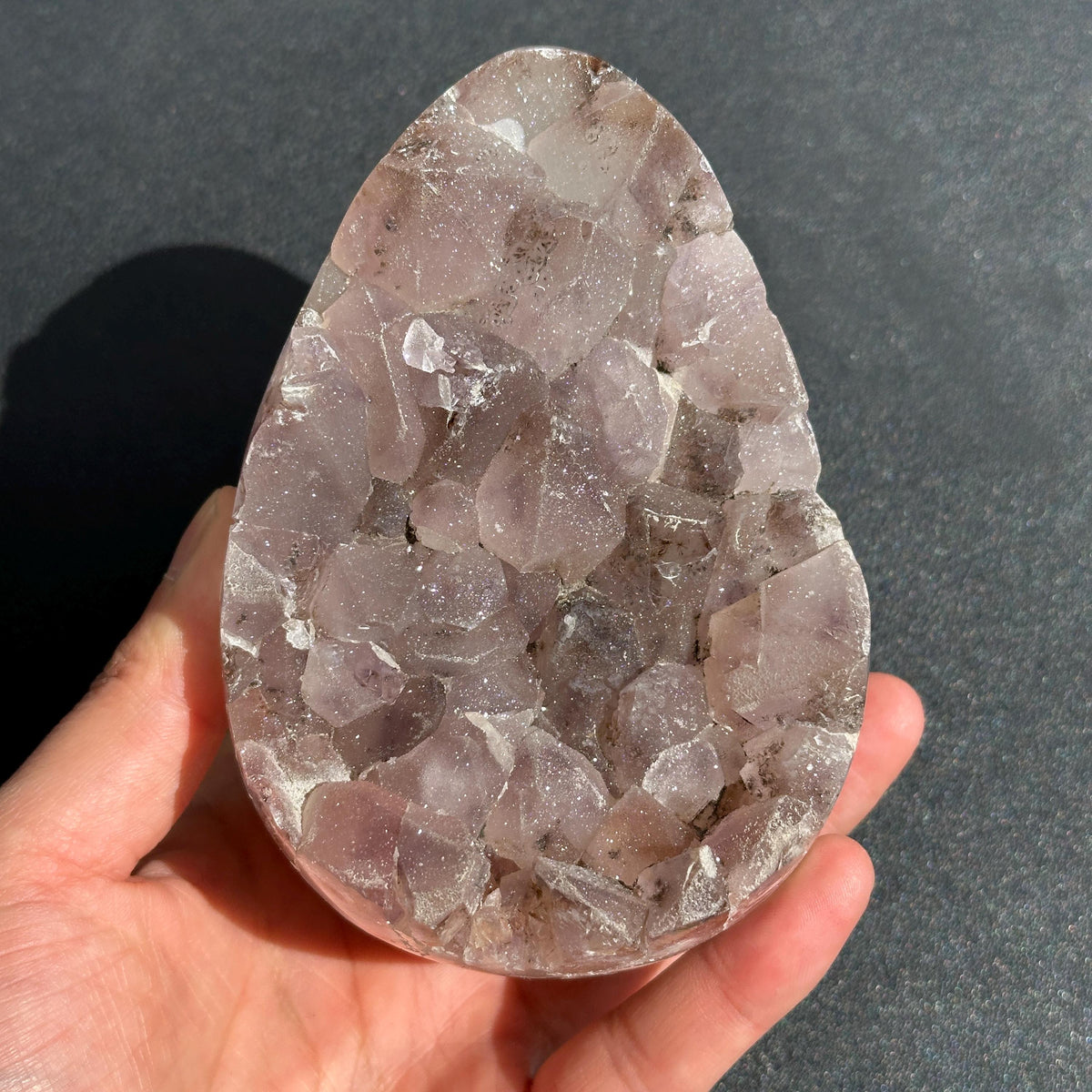 Natural Pink Sugar Druzy Uruguayan Amethyst Dragon Egg, Polished Crystal Geode Cave with Free Stand, Altar Decor Exact Specimen 2.1lb - view 9