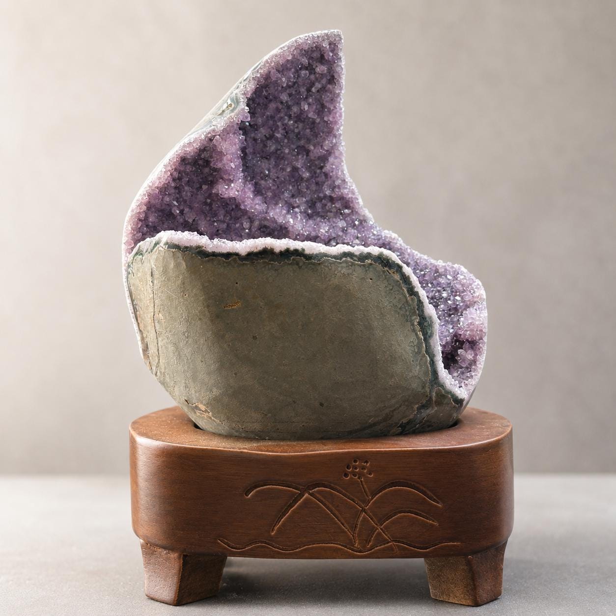 Unique Deep Cave Brazilian Amethyst Geode on Wood Stand, Rare Crescent Moon Crystal Nest, Purple Quartz Altar Decor Exact Specimen 3.4lb - view 1