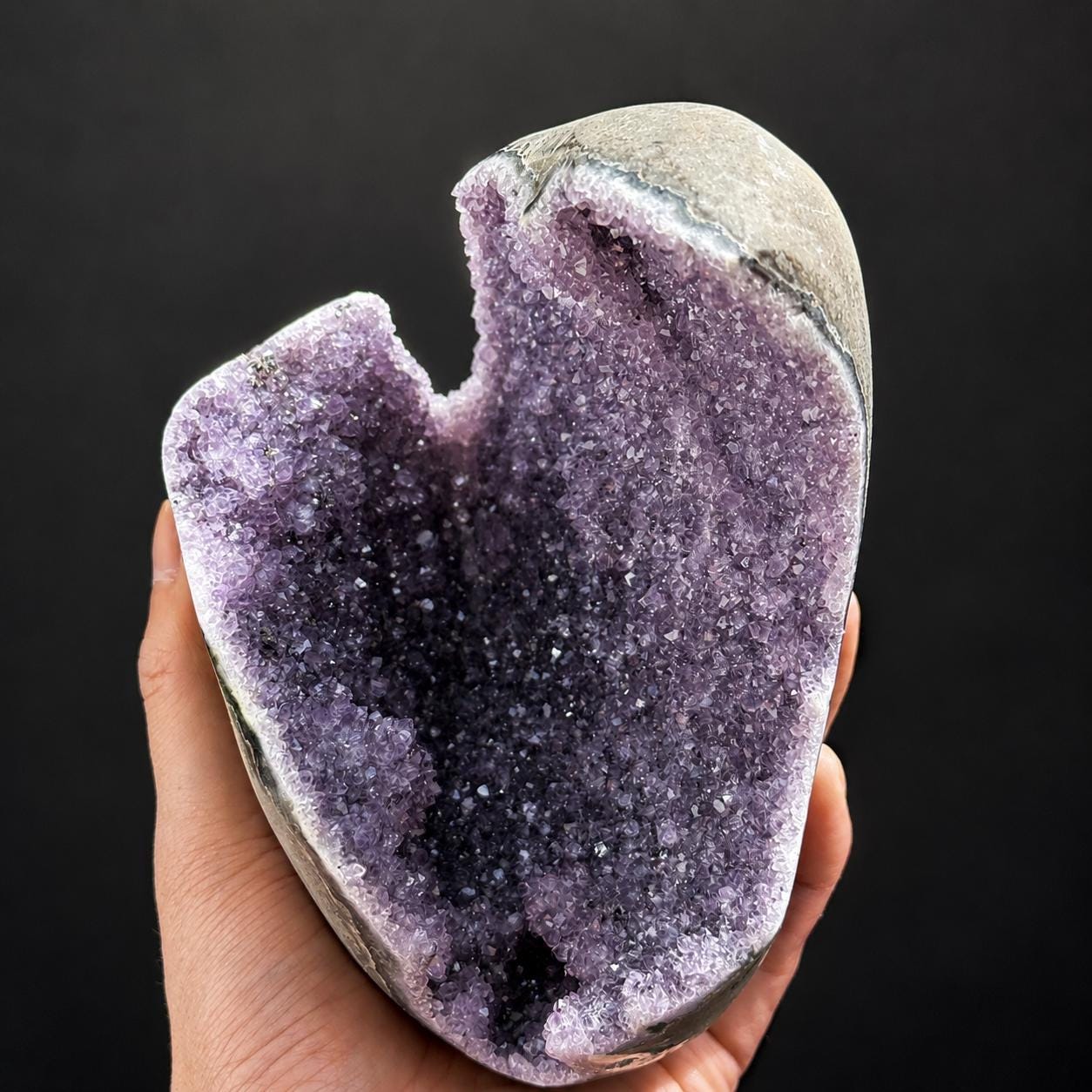 Unique Deep Cave Brazilian Amethyst Geode on Wood Stand, Rare Crescent Moon Crystal Nest, Purple Quartz Altar Decor Exact Specimen 3.4lb