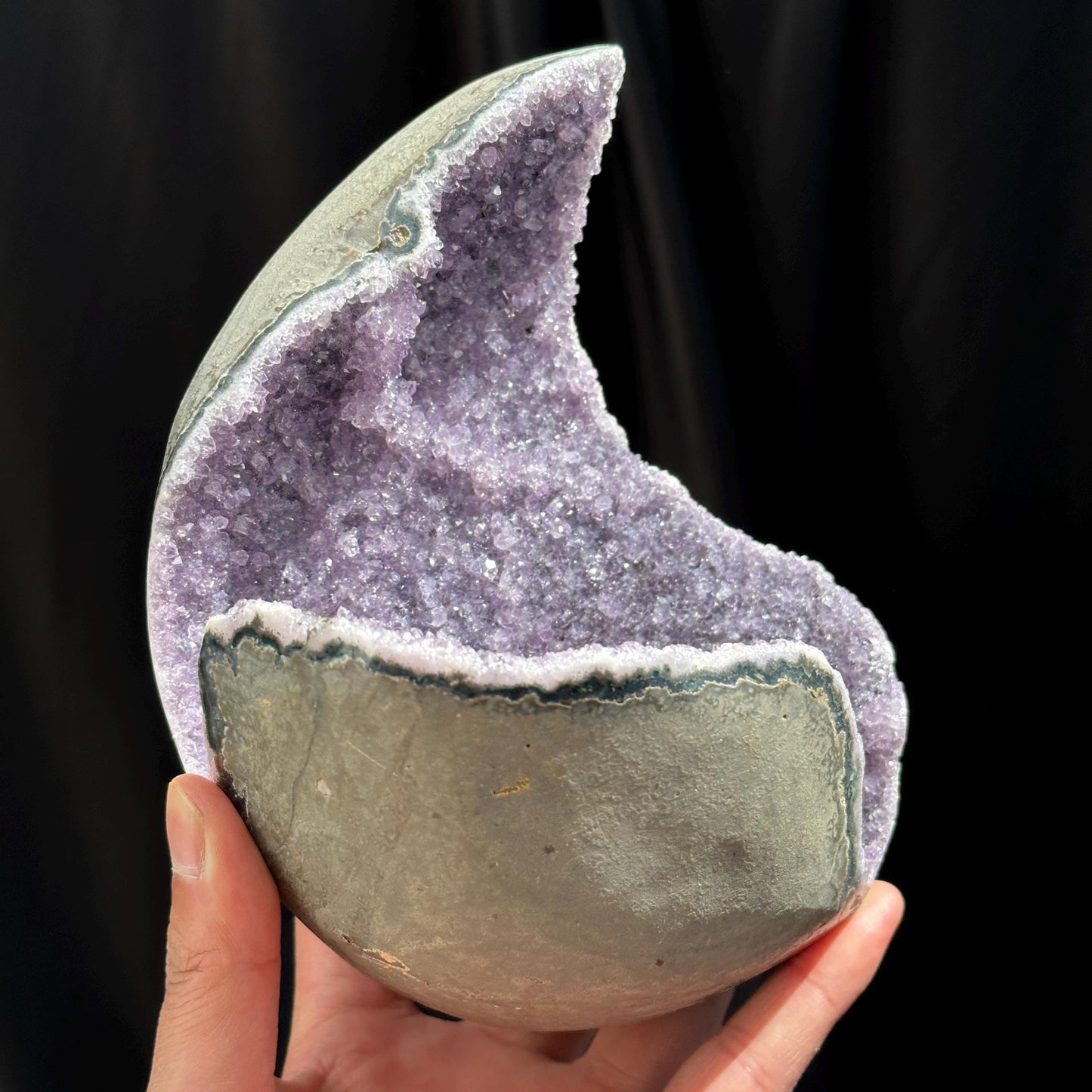 Unique Deep Cave Brazilian Amethyst Geode on Wood Stand, Rare Crescent Moon Crystal Nest, Purple Quartz Altar Decor Exact Specimen 3.4lb - view 6