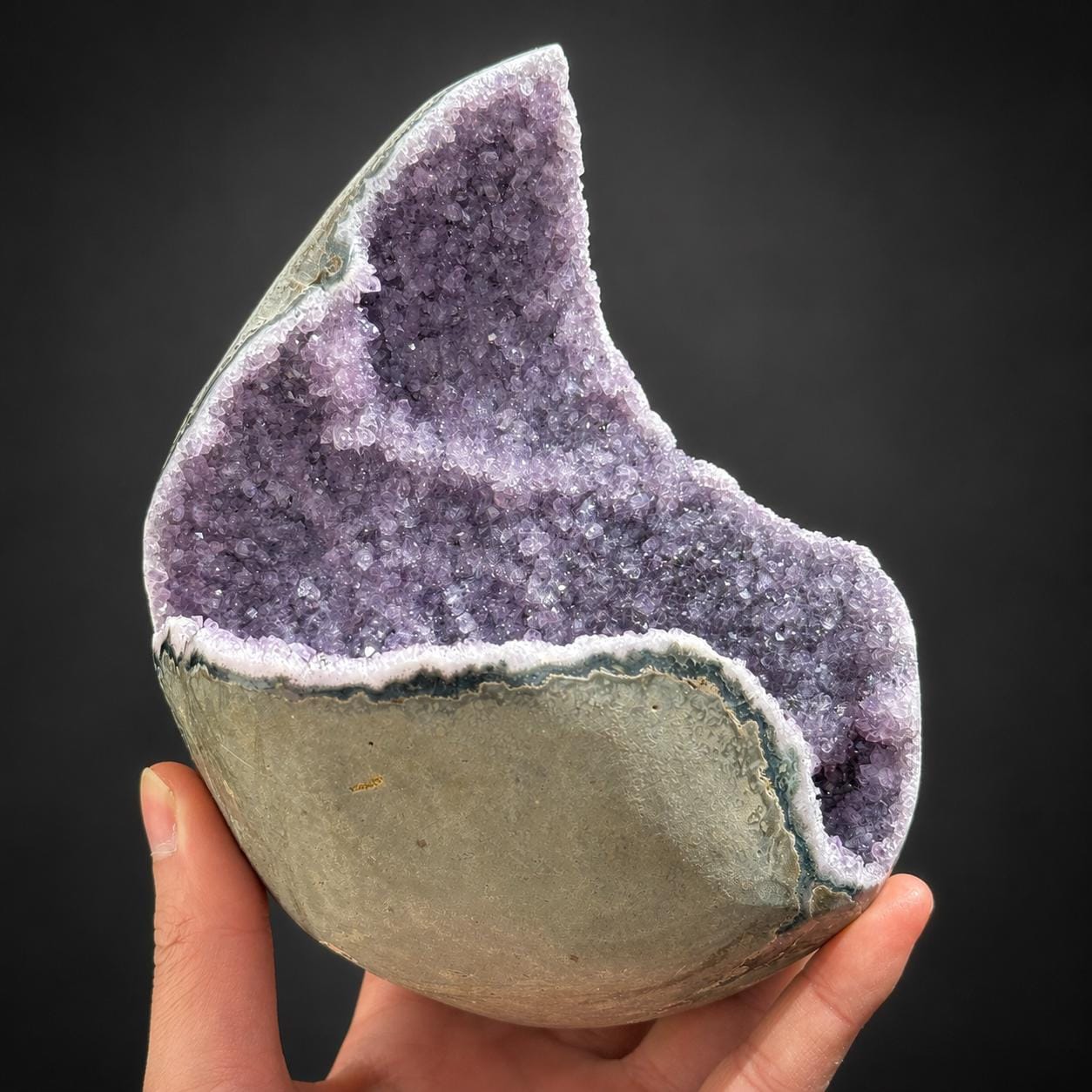 Unique Deep Cave Brazilian Amethyst Geode on Wood Stand, Rare Crescent Moon Crystal Nest, Purple Quartz Altar Decor Exact Specimen 3.4lb