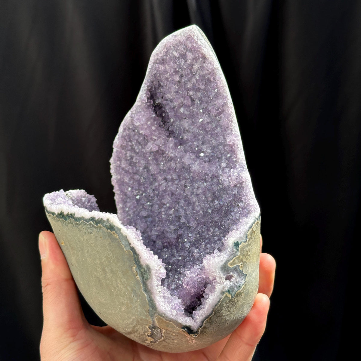Unique Deep Cave Brazilian Amethyst Geode on Wood Stand, Rare Crescent Moon Crystal Nest, Purple Quartz Altar Decor Exact Specimen 3.4lb - view 8