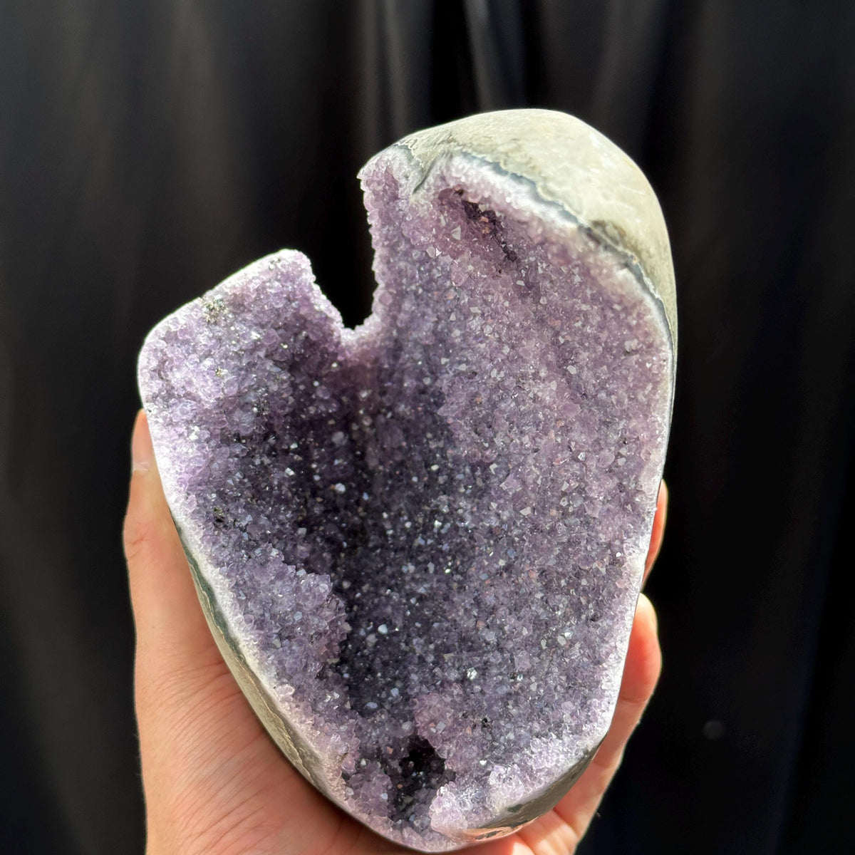 Unique Deep Cave Brazilian Amethyst Geode on Wood Stand, Rare Crescent Moon Crystal Nest, Purple Quartz Altar Decor Exact Specimen 3.4lb - view 9