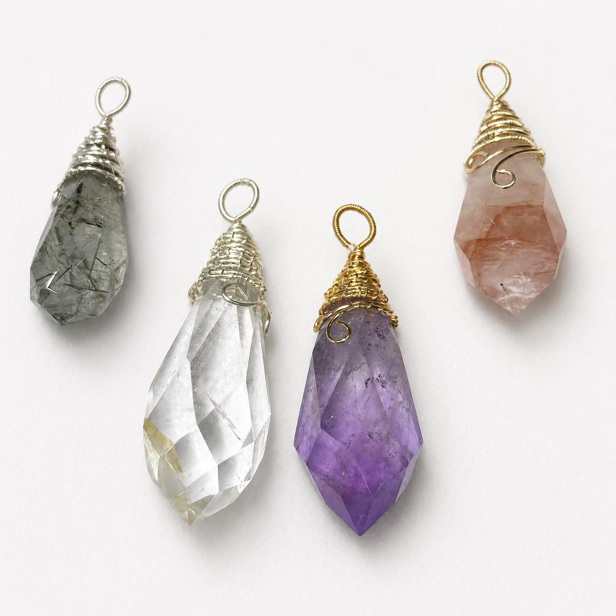 Faceted Crystal Pendant Necklace, Natural Quartz Amethyst Citrine Rose Quartz Rutilated Crystal with S925 Silver Chain