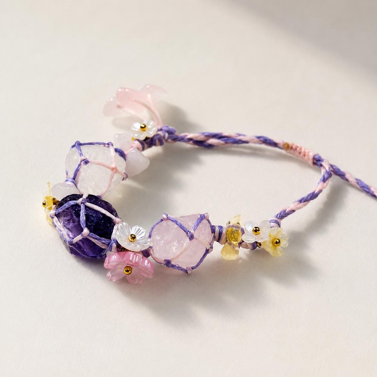Raw Crystal Braided Bracelet, Handmade Adjustable Fluorite Citrine Rose Quartz Bracelet, Fairycore Crystal Jewelry Gift