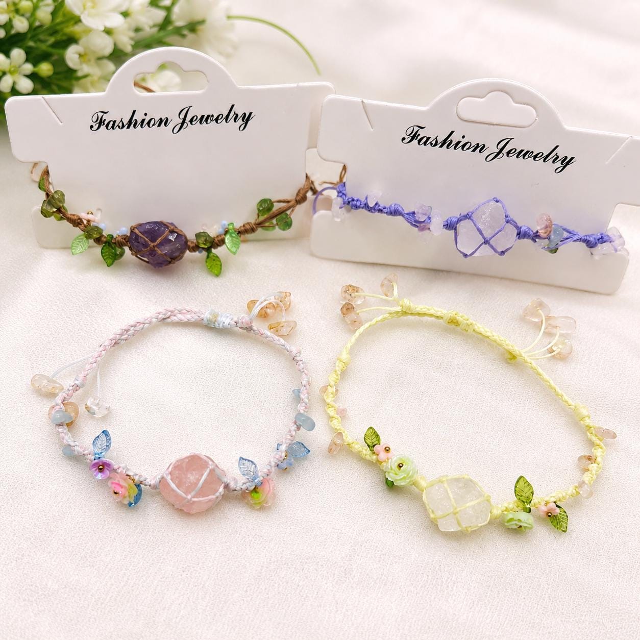 Raw Crystal Braided Bracelet, Handmade Adjustable Rose Quartz Fluorite Amethyst Citrine Bracelet, Fairycore Jewelry Gift