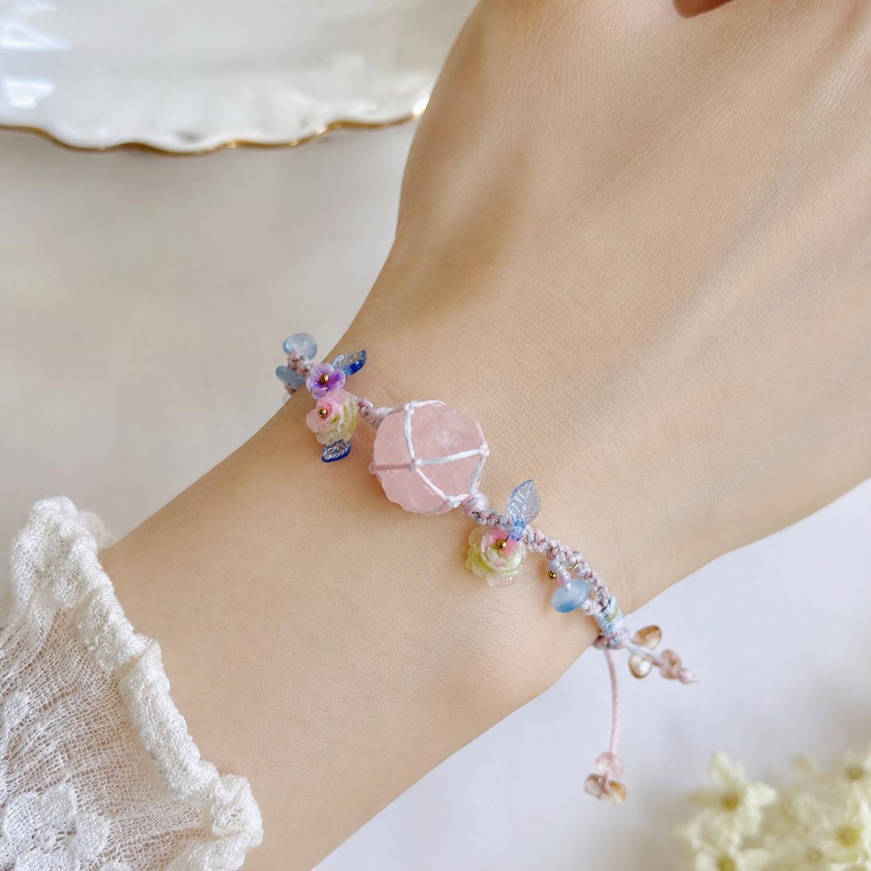 Raw Crystal Braided Bracelet, Handmade Adjustable Rose Quartz Fluorite Amethyst Citrine Bracelet, Fairycore Jewelry Gift