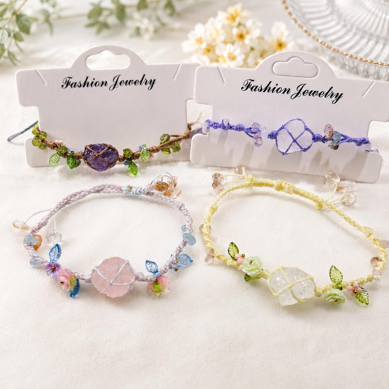 Raw Crystal Braided Bracelet, Handmade Adjustable Rose Quartz Fluorite Amethyst Citrine Bracelet, Fairycore Jewelry Gift