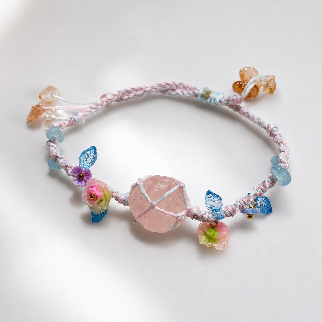 Raw Crystal Braided Bracelet, Handmade Adjustable Rose Quartz Fluorite Amethyst Citrine Bracelet, Fairycore Jewelry Gift
