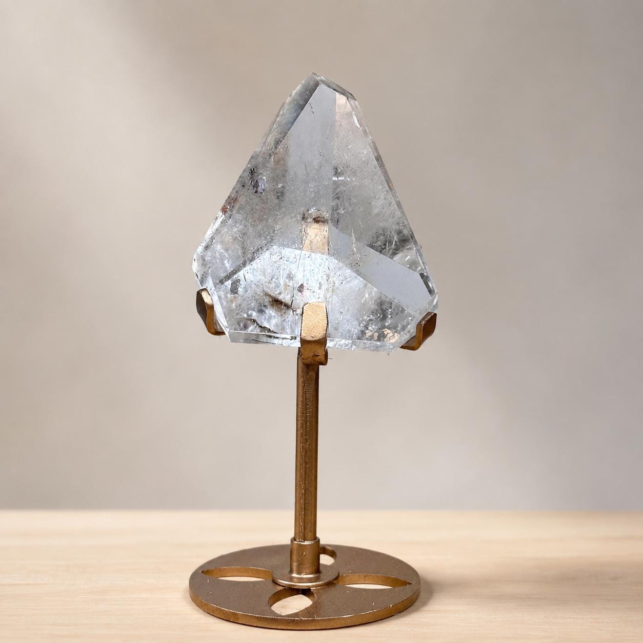 Transparent Clear Quartz Freeform on Gold Stand, Brazilian Crystal with Rainbow Flashes, Polished Modern Decor Pick Exact A-J