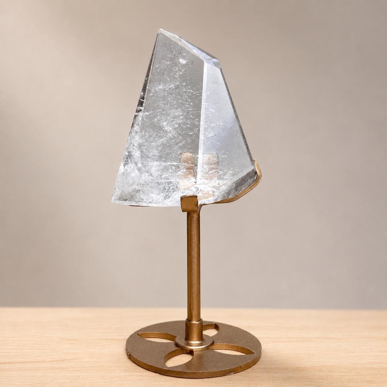 Transparent Clear Quartz Freeform on Gold Stand, Brazilian Crystal with Rainbow Flashes, Polished Modern Decor Pick Exact A-J