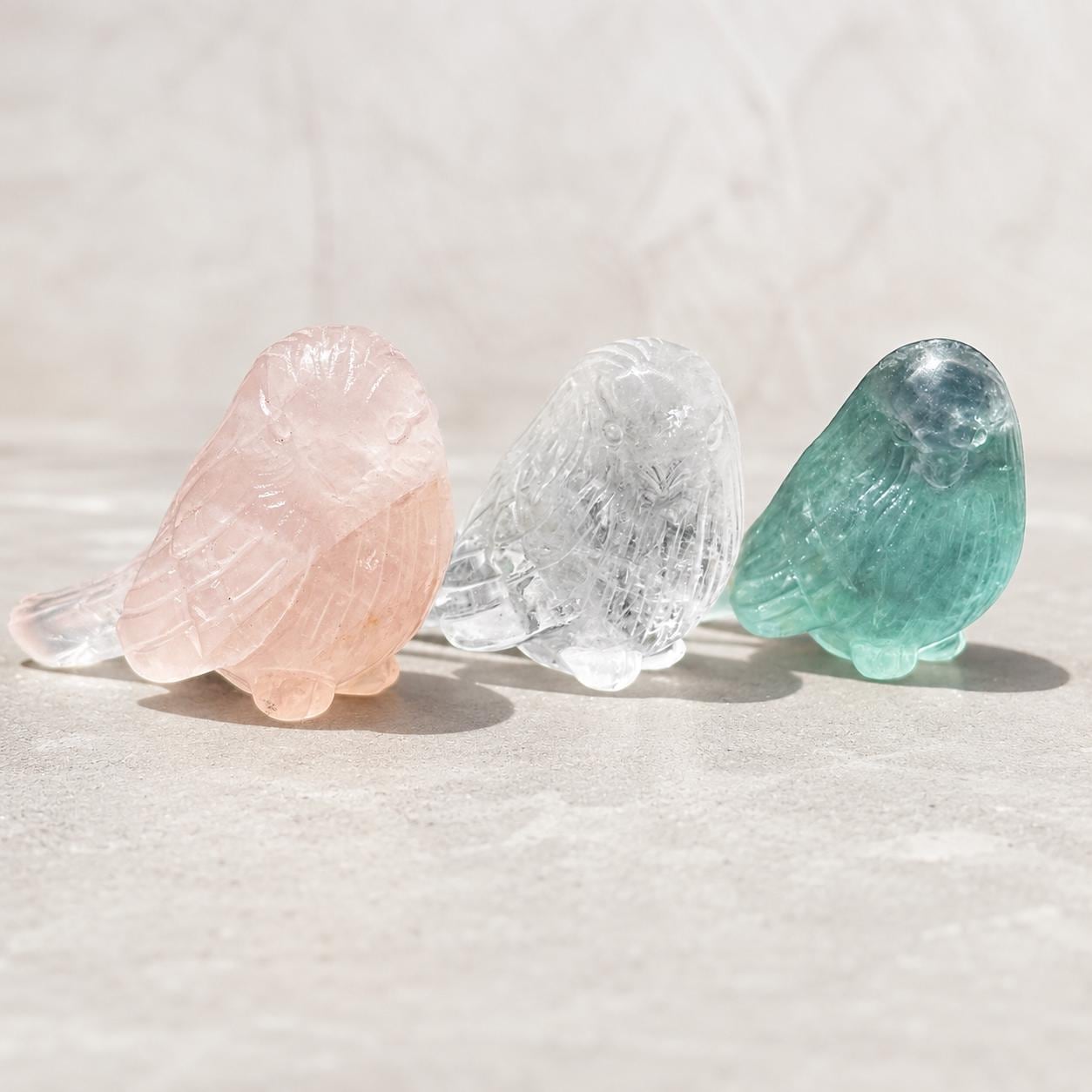 Crystal Bird Carving, Rose Quartz Clear Quartz Fluorite Bird Figurine, Small Crystal Animal Decor Gift