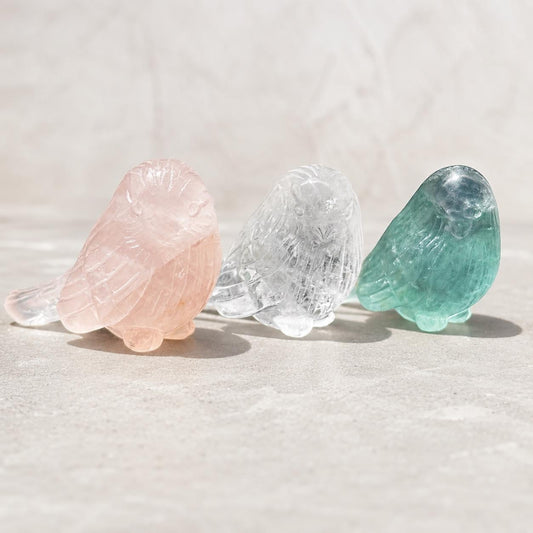 Crystal Bird Carving, Rose Quartz Clear Quartz Fluorite Bird Figurine, Small Crystal Animal Decor Gift