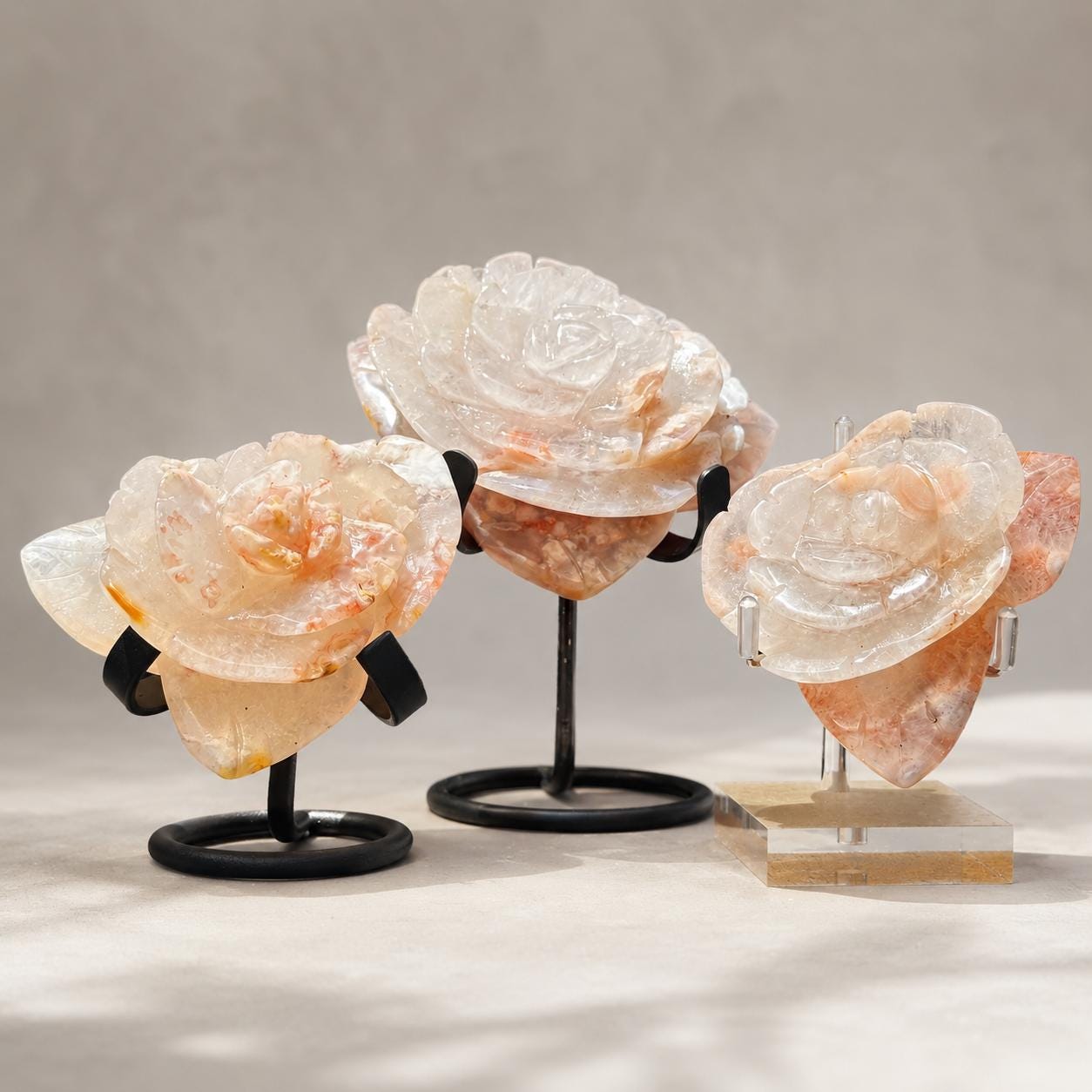Sakura Agate Flower Carving, Natural Cherry Blossom Agate Rose Crystal Decor with Free Stand, Handmade Gift