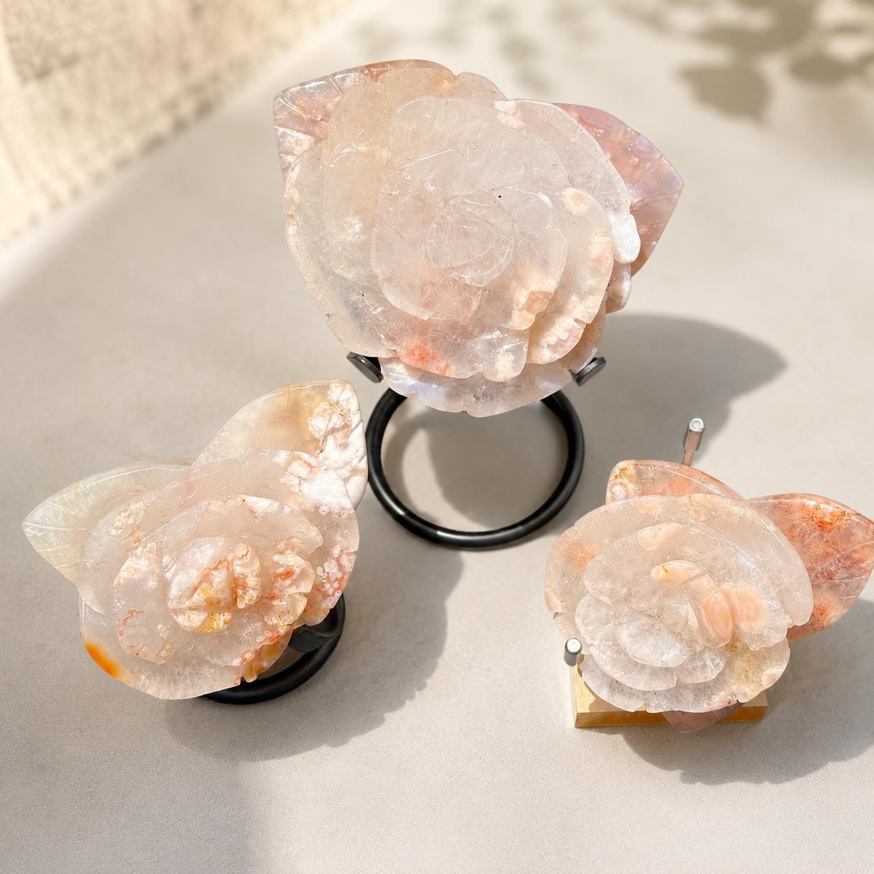 Sakura Agate Flower Carving, Natural Cherry Blossom Agate Rose Crystal Decor with Free Stand, Handmade Gift