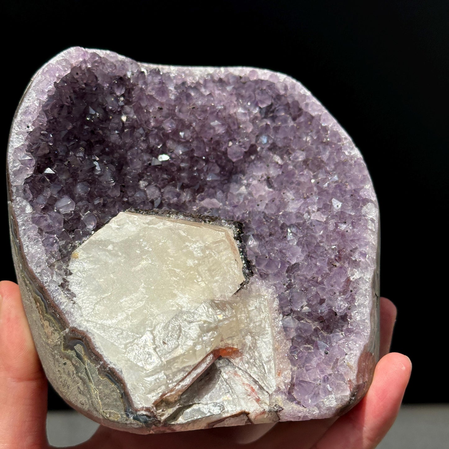 Brazilian Amethyst with Large Calcite Crystal, Purple Druzy Geode Specimen, Natural Crystal Display Special Price