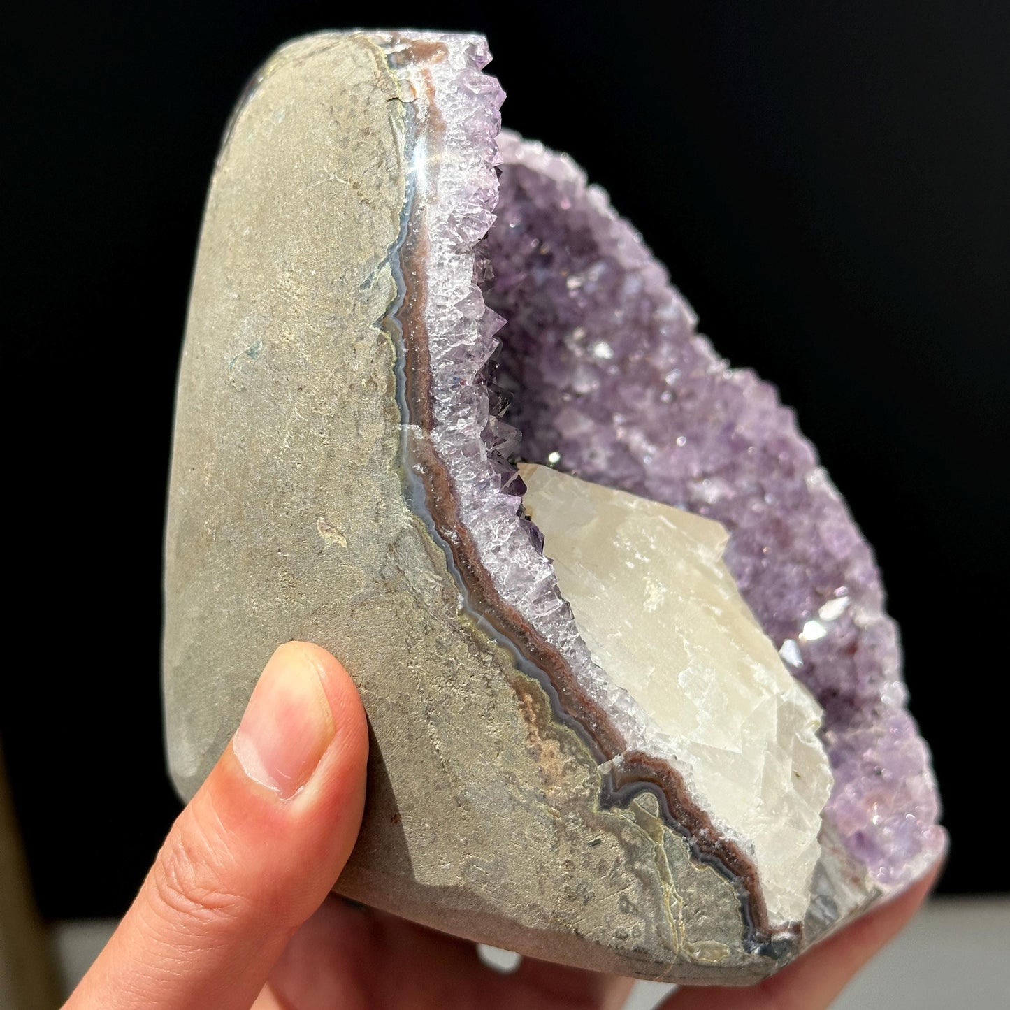 Brazilian Amethyst with Large Calcite Crystal, Purple Druzy Geode Specimen, Natural Crystal Display Special Price - view 3