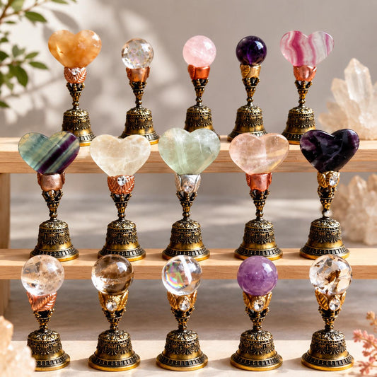 Natural Crystal Altar Bell, Vintage Brass Ritual Hand Bell, Rose Quartz Fluorite Crystal Bell, Witchy Altar Decor, Sound Healing Gift