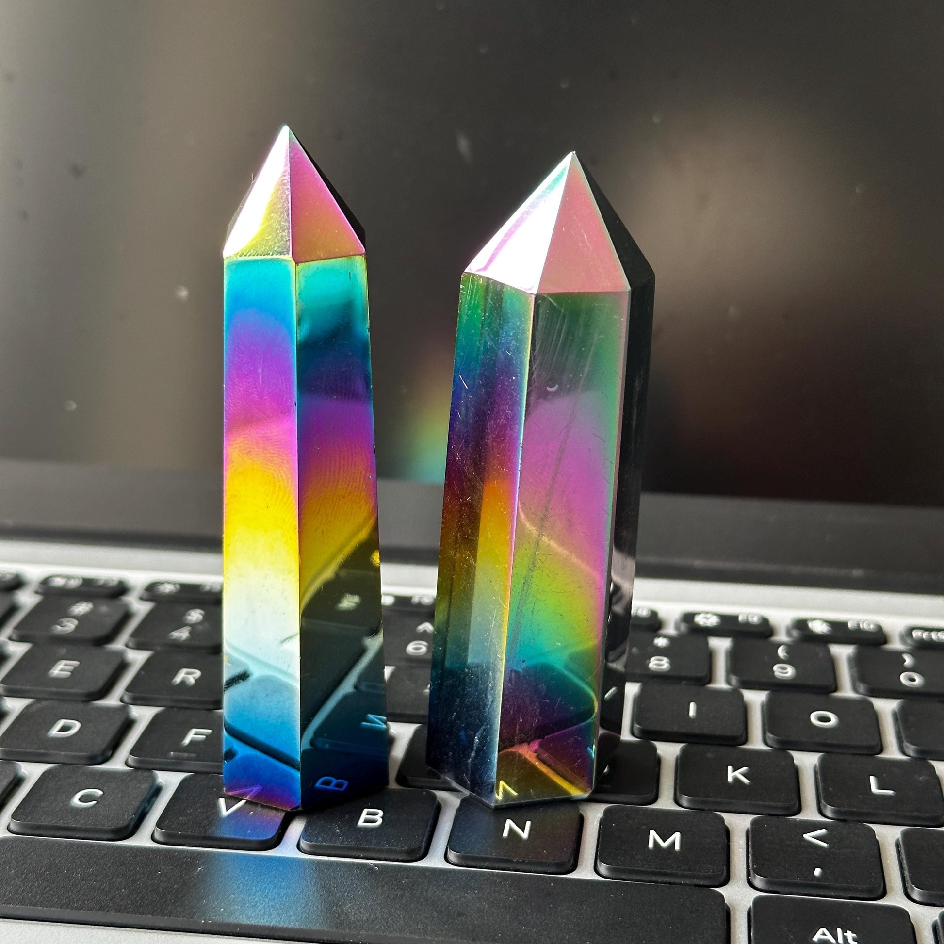 Rainbow Aura Obsidian Tower, Electroplated Black Obsidian Crystal Point, Colorful Aura Crystal Decor Gift - view 8