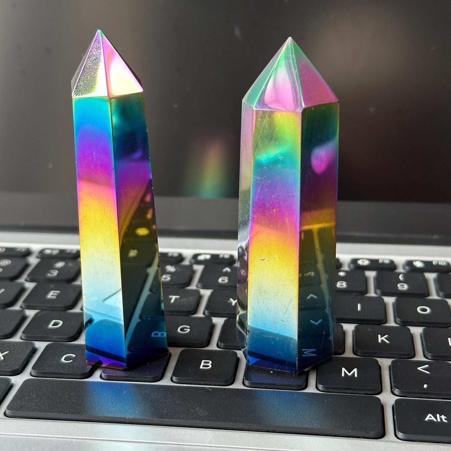 Rainbow Aura Obsidian Tower, Electroplated Black Obsidian Crystal Point, Colorful Aura Crystal Decor Gift - view 9