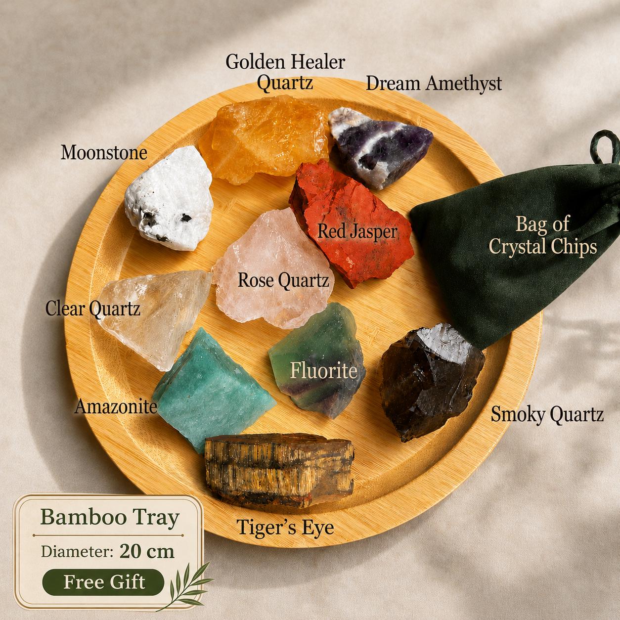 Large Beginner Crystal Kit, 10 Raw Crystals Set, Natural Mixed Stone Collection with Bamboo Tray, 1kg Crystal Gift Set